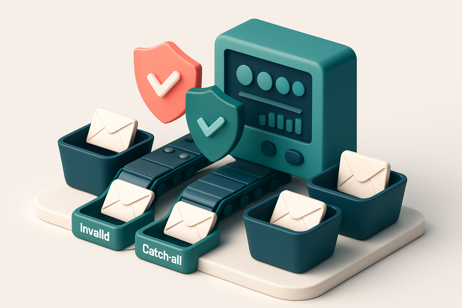 an isometric factory floor with conveyor belts moving labeled envelopes marked 'invalid', 'catch-all', and 'valid' into