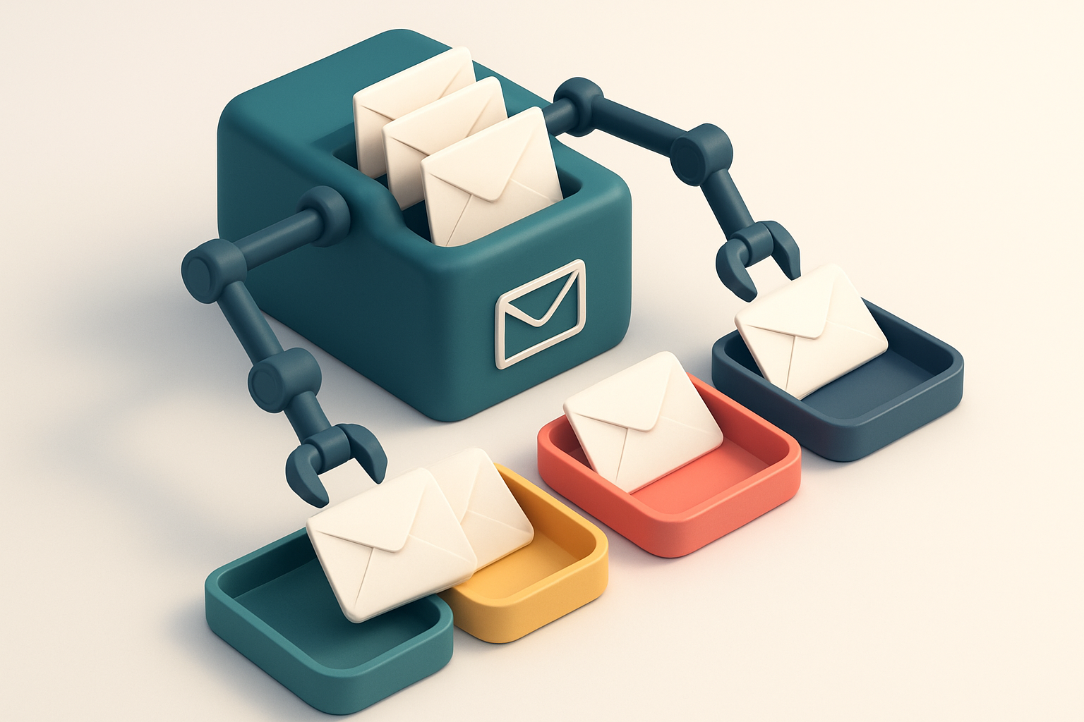 An isometric email inbox with envelopes labeled 'valid', 'invalid', 'risky', and 'catch-all' being sorted by mechanical