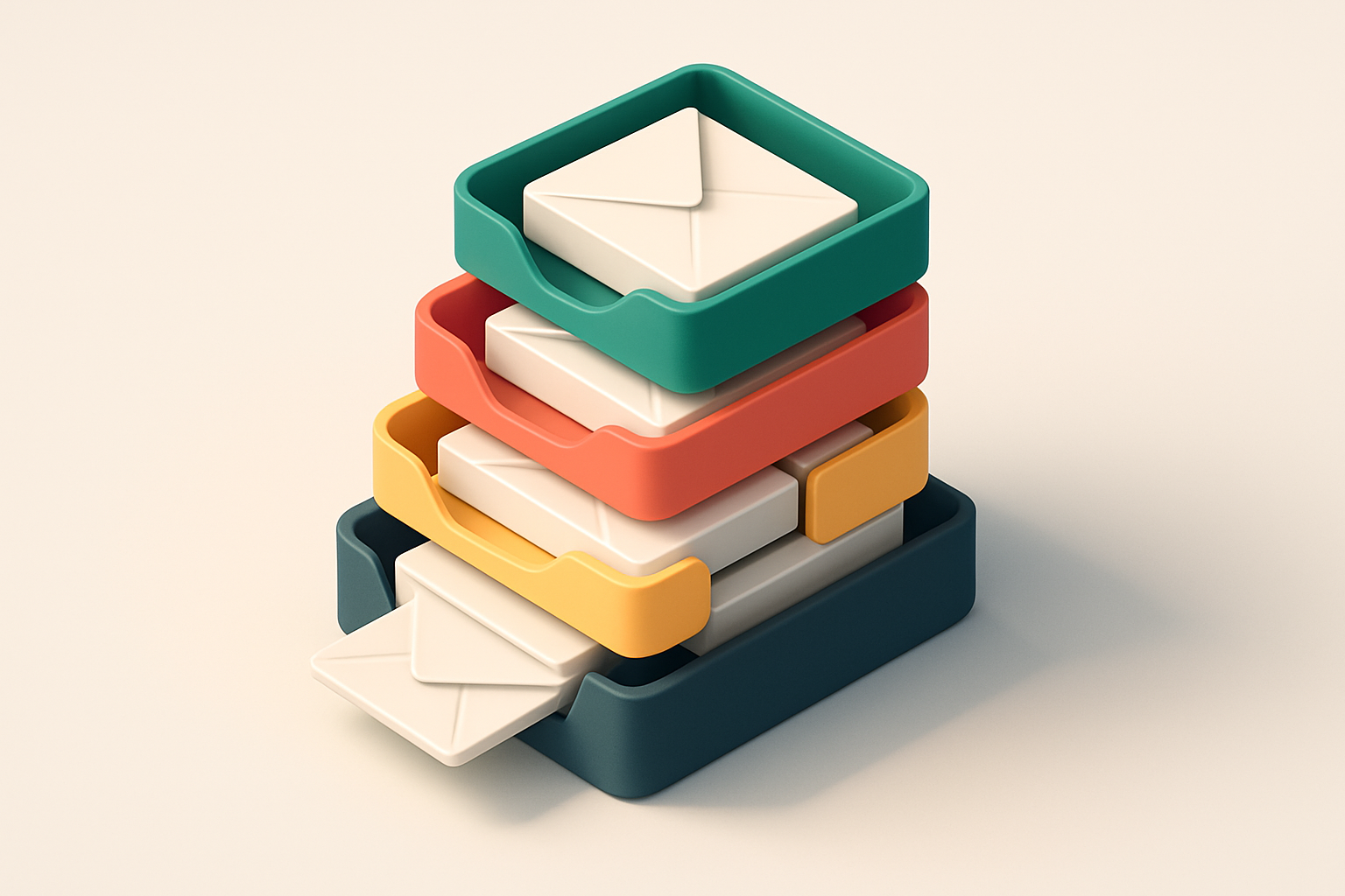 An isometric email inbox stacked with envelopes labeled 'valid', 'invalid', 'risky', and 'catch-all', sorted by color-co