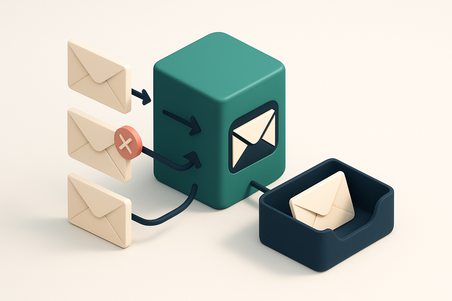An isometric illustration of a central email server with multiple incoming envelopes labeled 'test@company.com', 'fake@c
