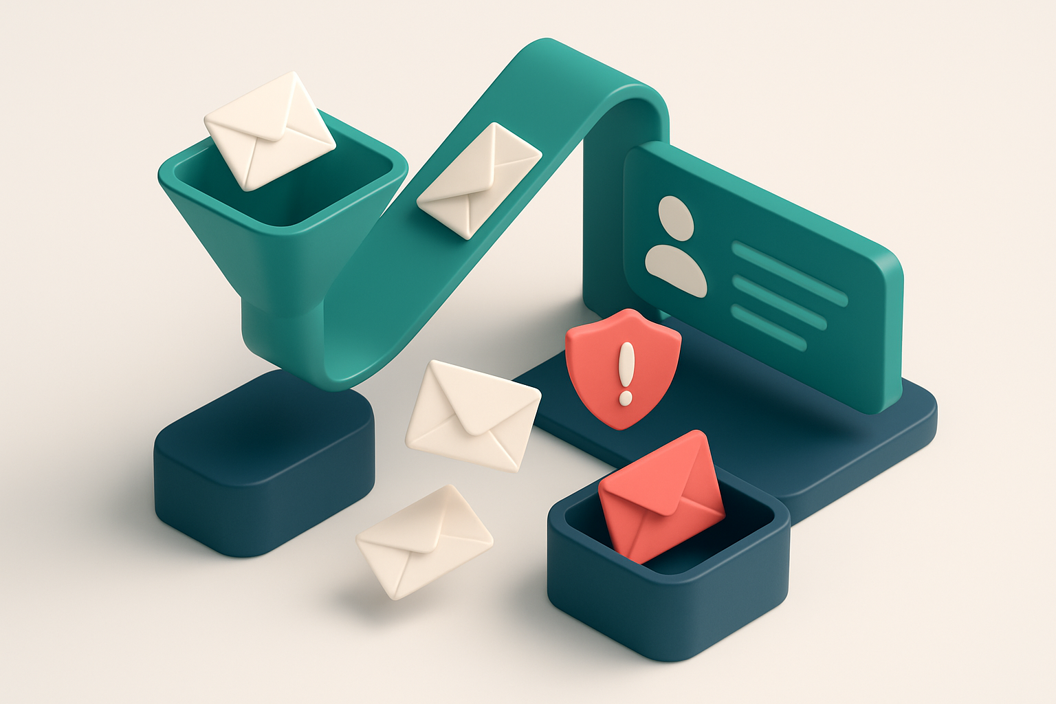 An isometric scene of a membership registration funnel: emails enter a green 'valid' chute and exit to a user dashboard,