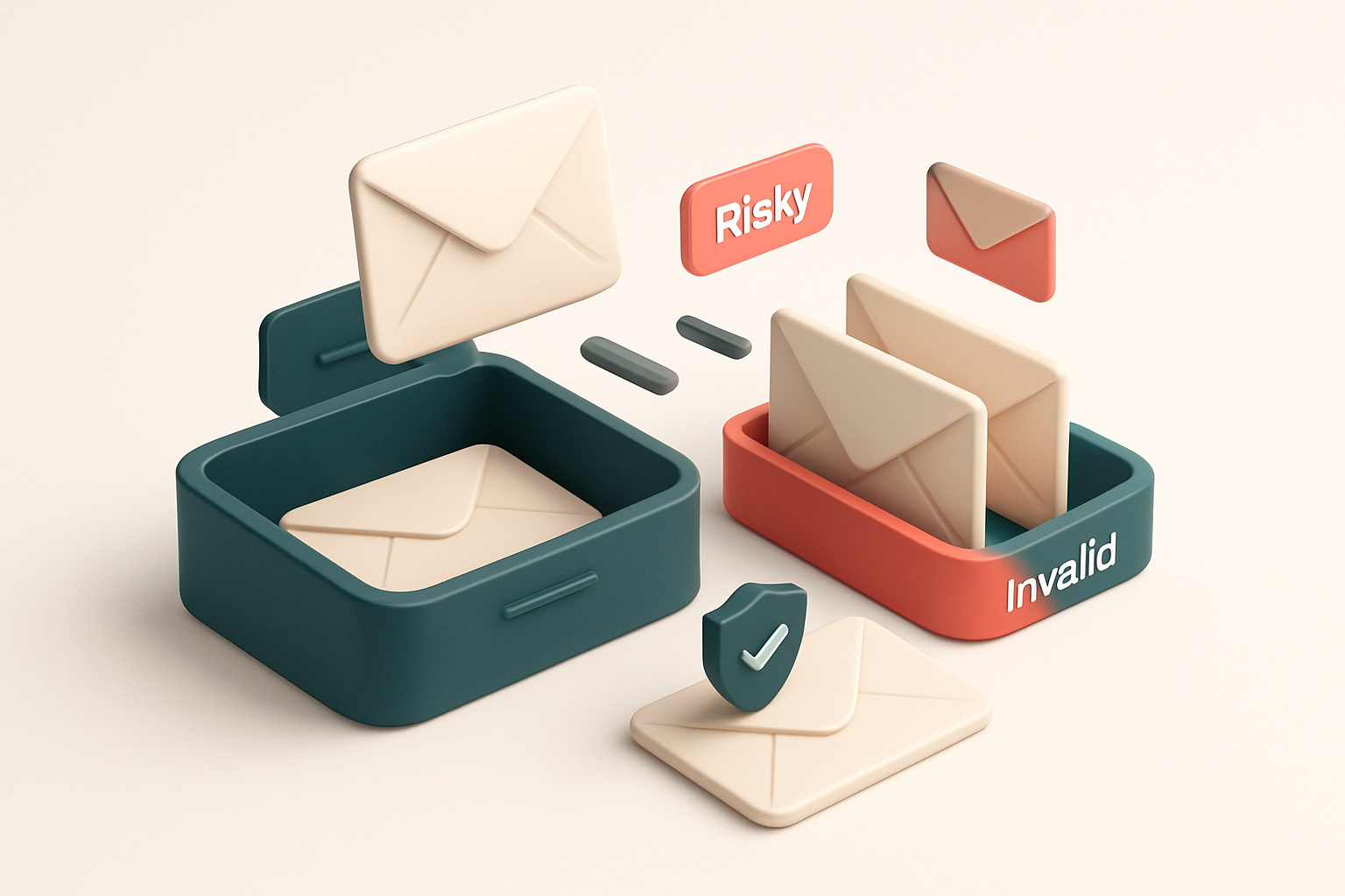 An isometric email inbox with envelopes being sorted onto a green 'valid' tray and a red 'invalid' tray, a red 'catch-al