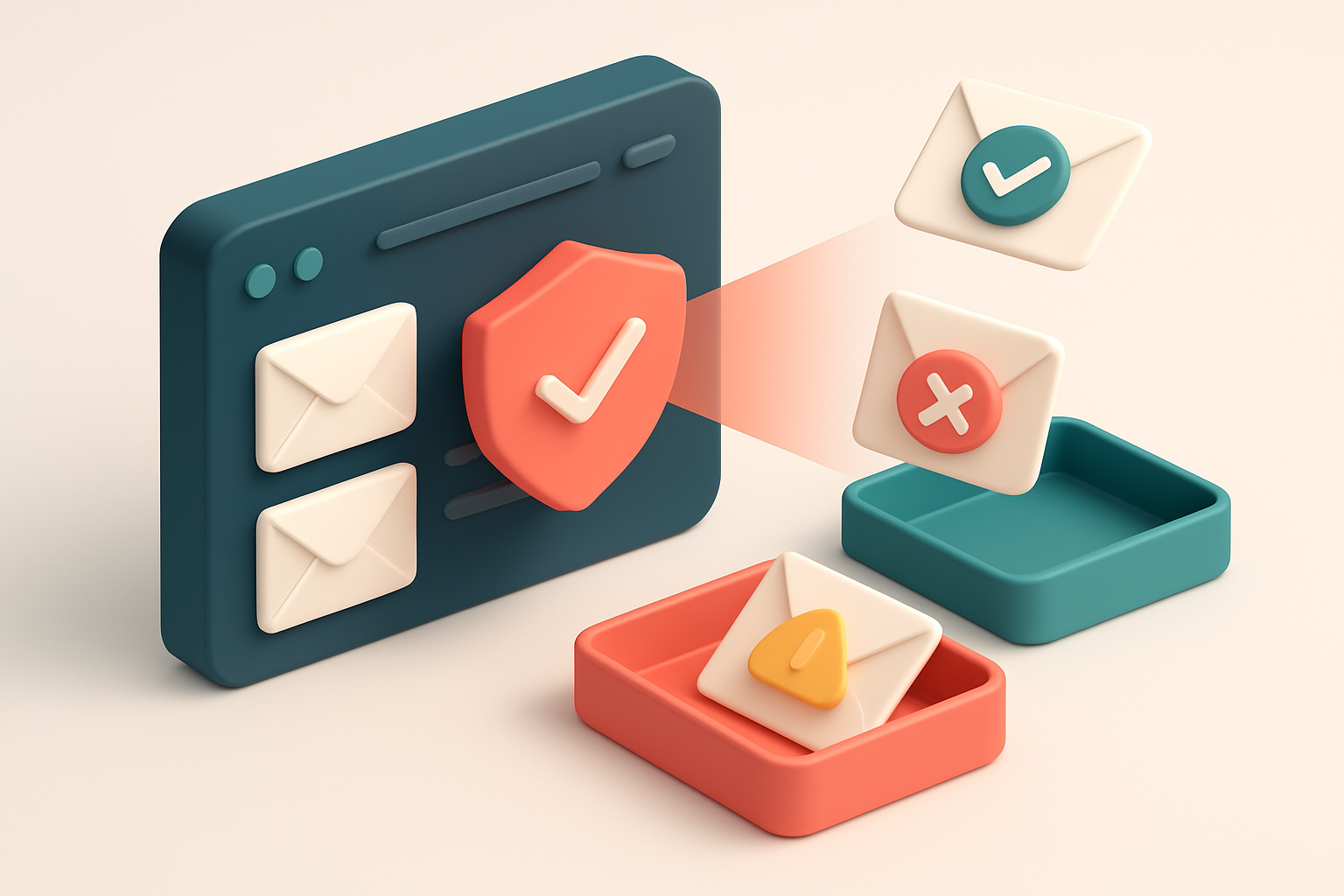 An isometric view of a logistics dashboard with incoming email notifications being scanned by a red 'validation shield'