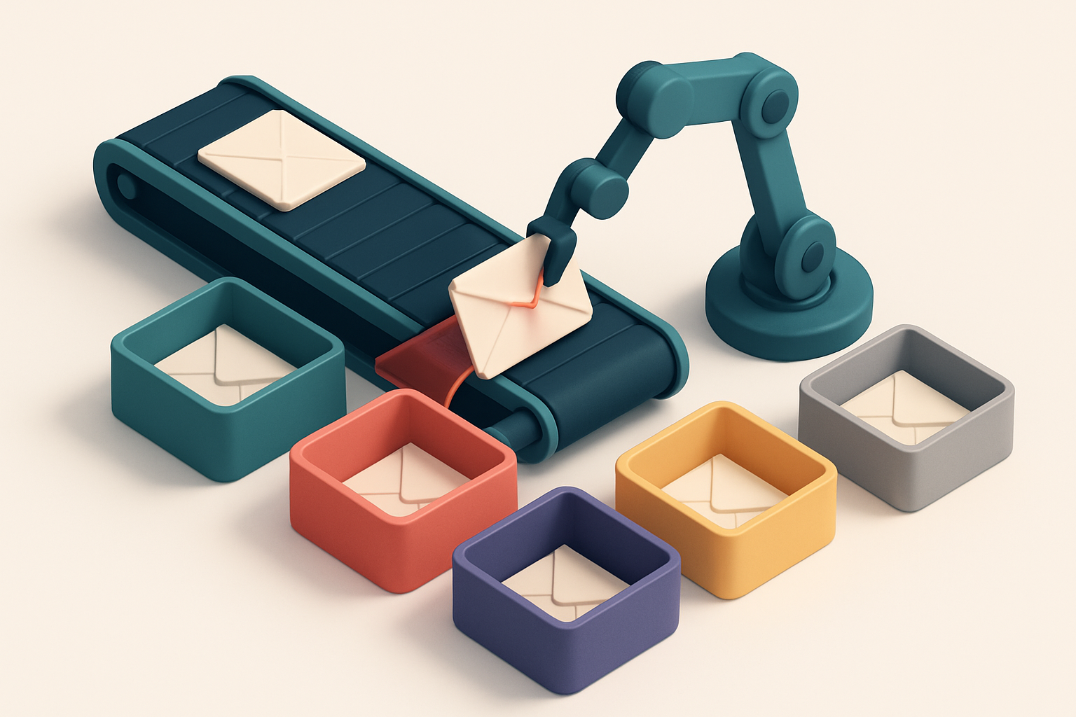 An isometric email inbox with envelopes flowing down a conveyor belt, sorted into labeled trays: a green 'Valid' tray, a