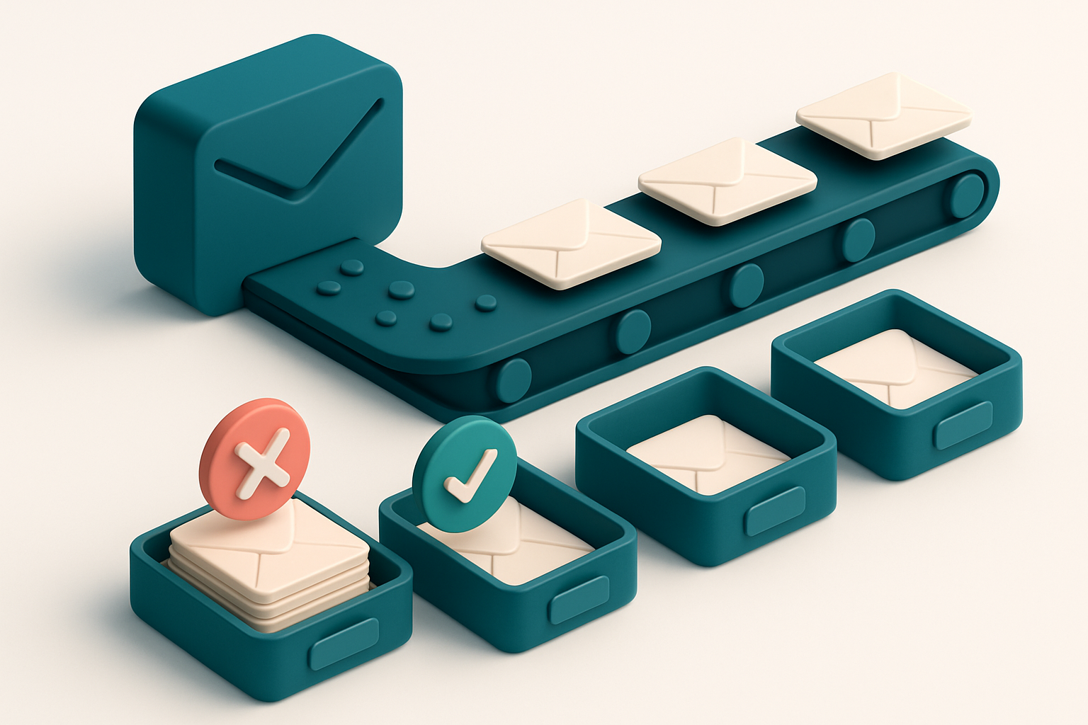 An isometric email inbox with a conveyor belt sorting envelopes labeled 'valid', 'invalid', 'risky', and 'catch-all' int