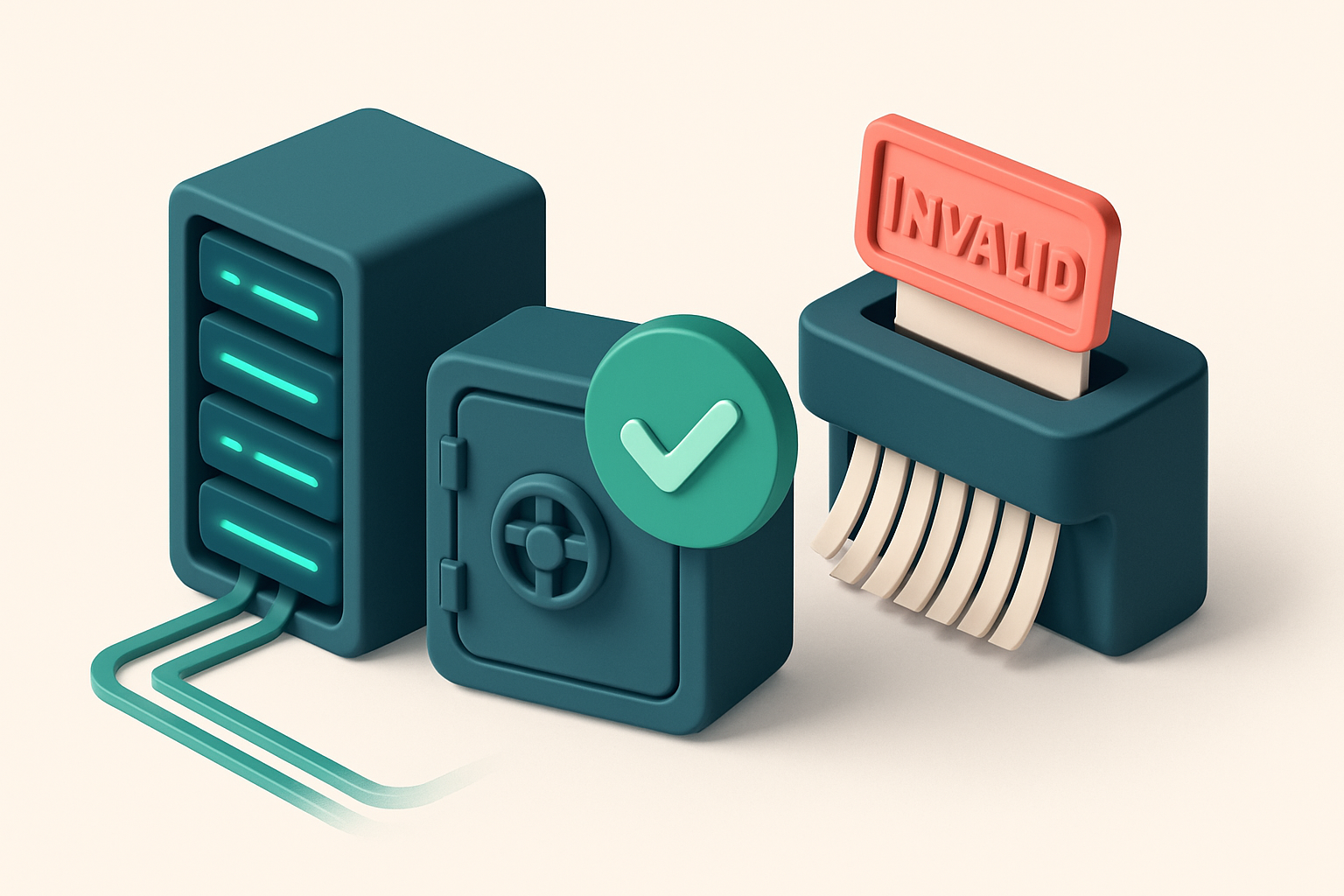 An isometric server rack with glowing data lanes, a green checkmark overlaying a secure vault labeled 'Verified', and a