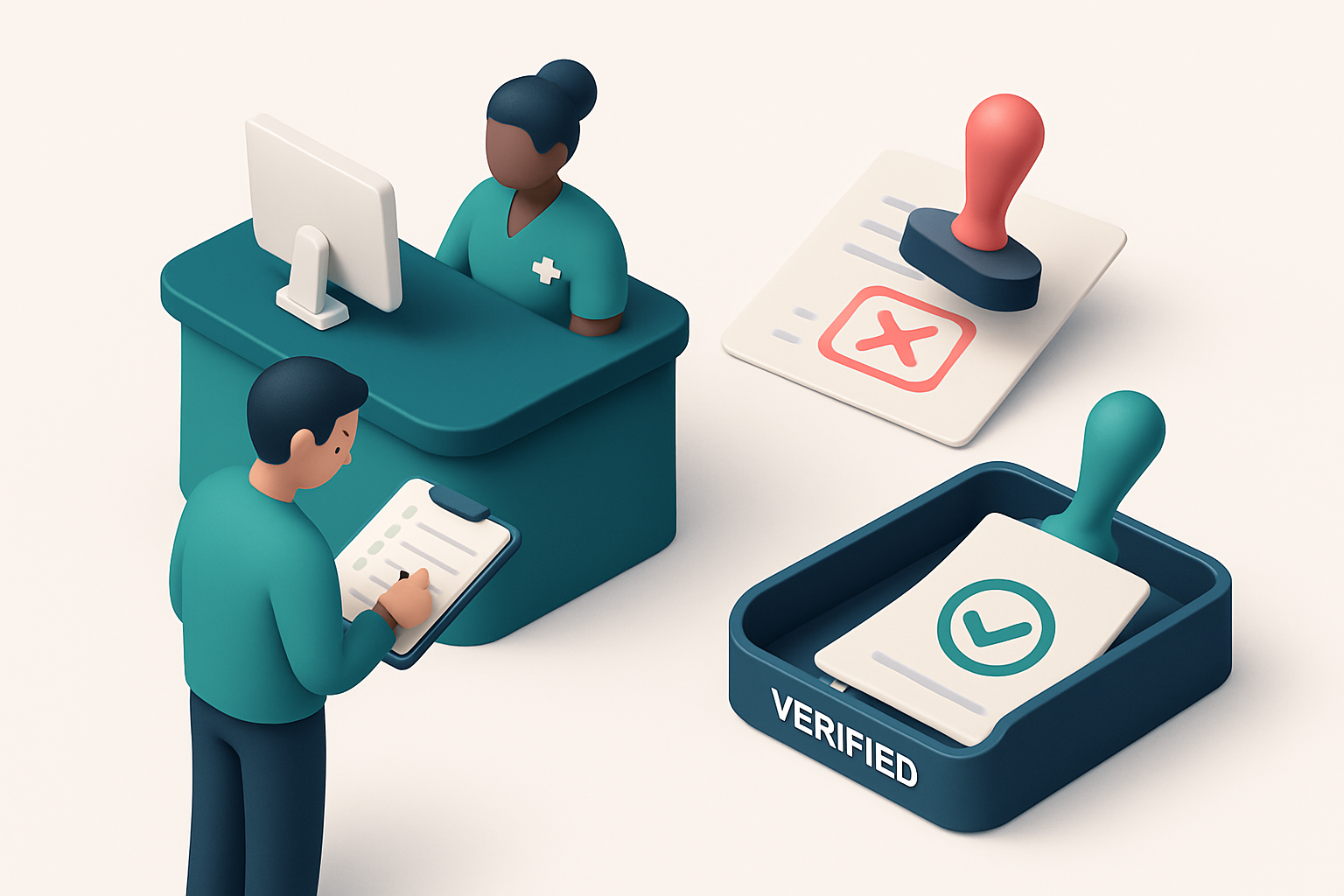 an isometric medical reception desk with a patient filling out a form, a red 'invalid' stamp appearing on a paper sheet