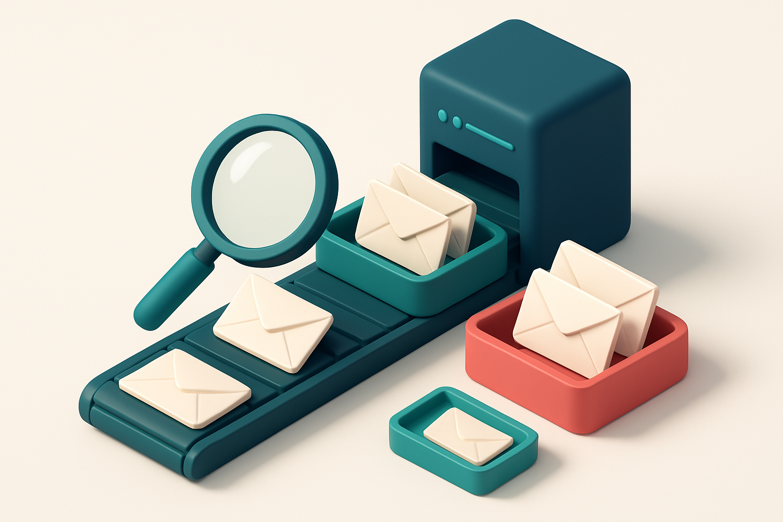 an isometric email inbox with envelopes being sorted onto a green 'valid' tray and a red 'invalid' tray, a magnifying gl