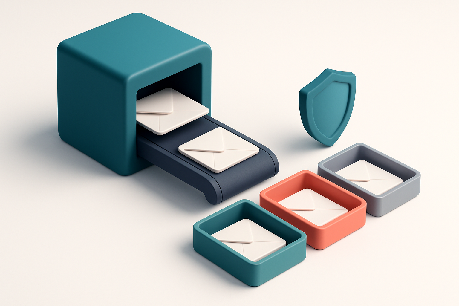 An isometric email inbox with envelopes labeled 'valid', 'invalid', 'catch-all', and 'risky' being sorted by a conveyor