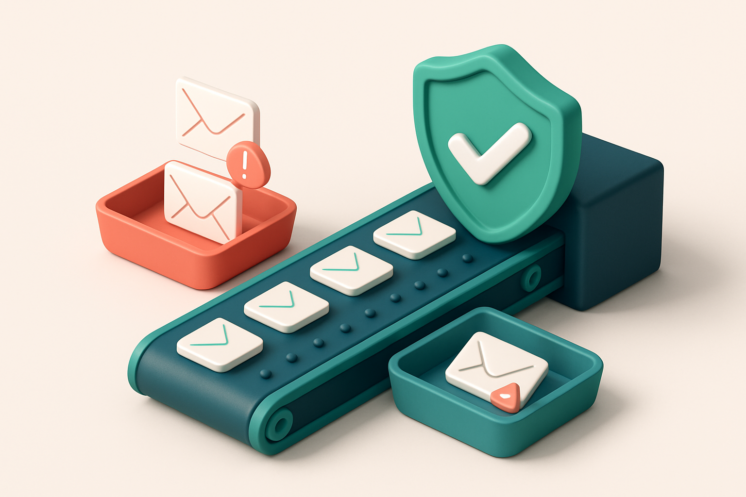 Hero: an isometric email list flowing through a conveyor belt, with a green shield labeled 'Valid' at the end, and red '