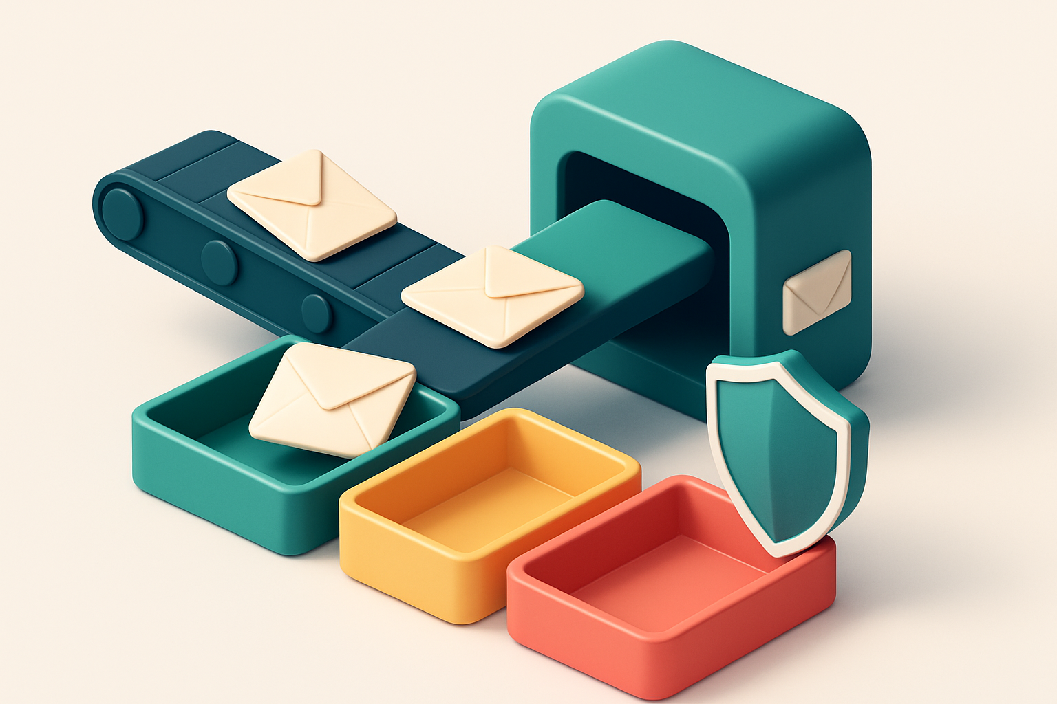 An isometric email inbox with a conveyor belt feeding envelopes marked 'valid', 'risky', and 'invalid' into separate tra