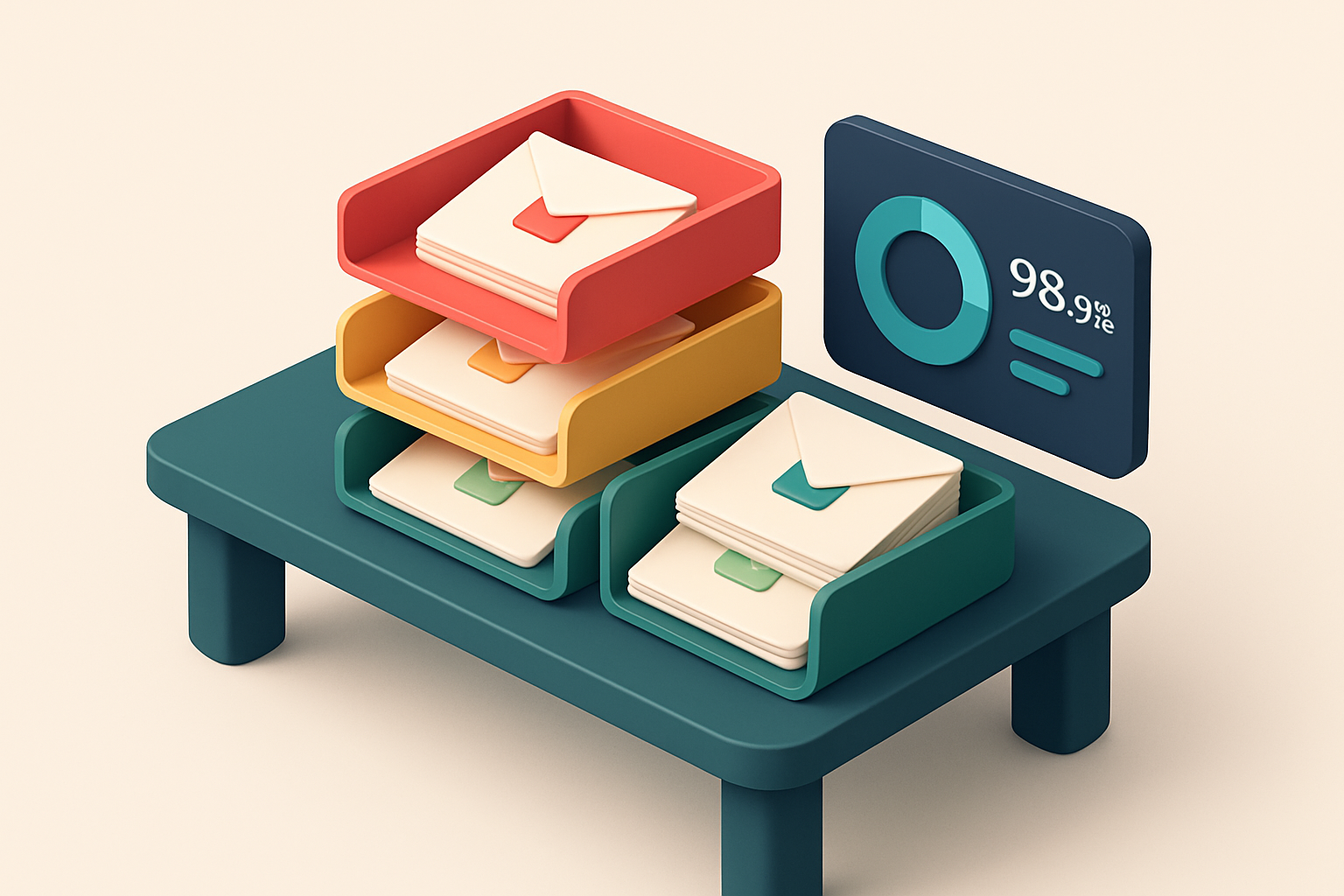 An isometric desk with a stack of paper envelopes labeled 'invalid', 'catch-all', 'risky', and 'valid', sorted into thre