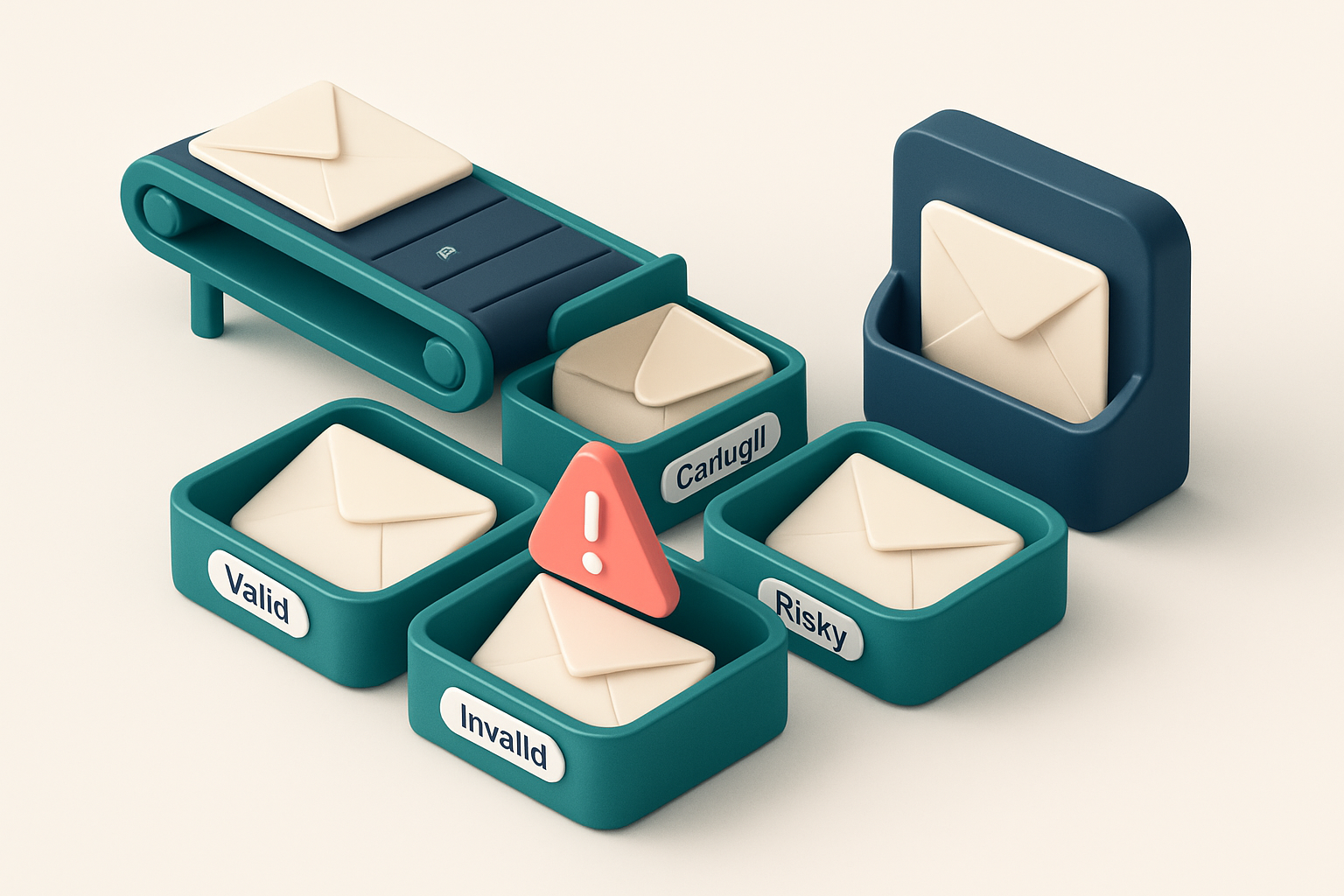 an isometric email inbox with envelopes labeled 'valid', 'invalid', 'catch-all', and 'risky' being sorted onto separate