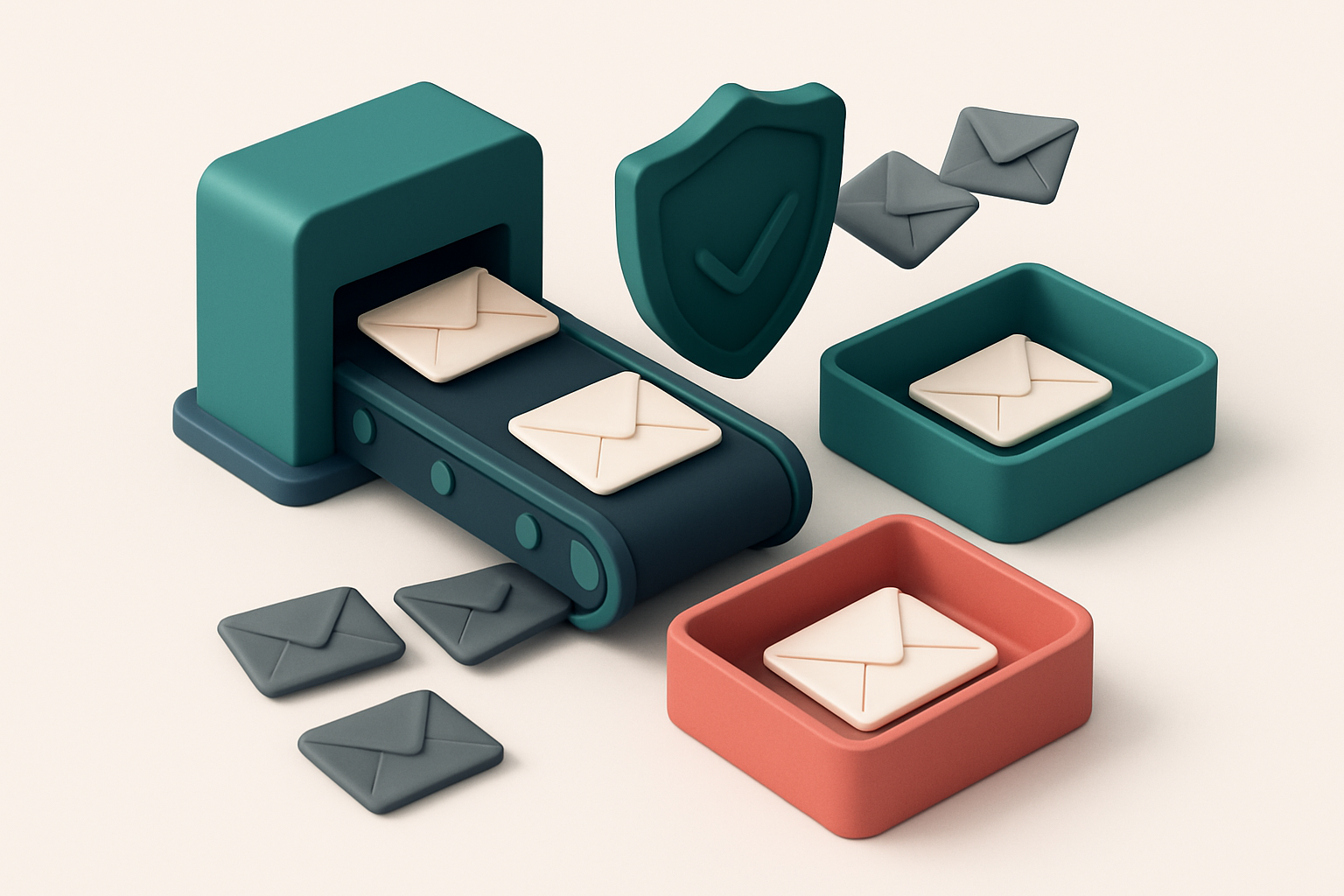 An isometric email inbox with a conveyor belt of envelopes moving from a 'registration' slot to a green 'verified' tray
