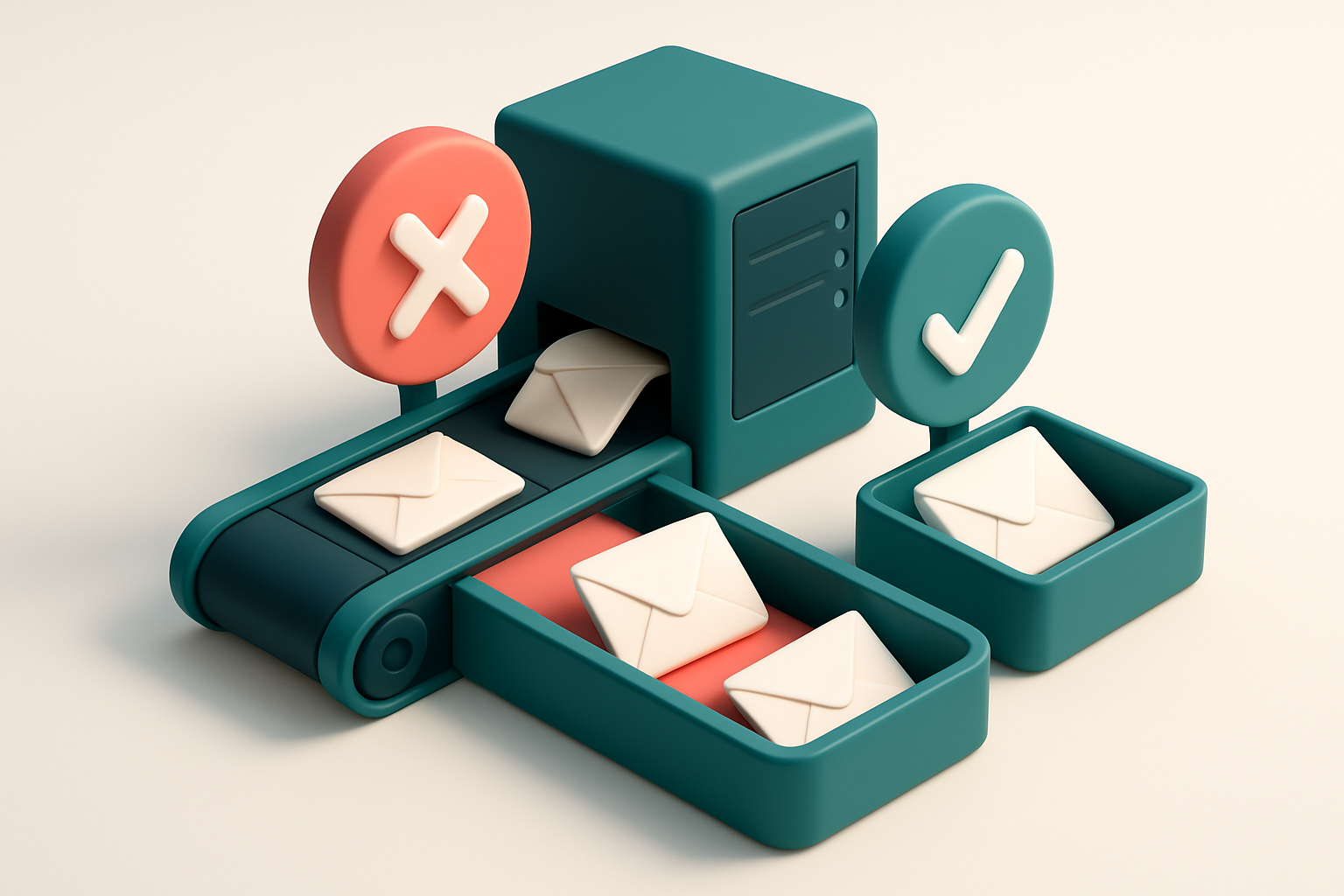 an isometric illustration of a green and red conveyor belt sorting envelopes labeled 'valid' and 'invalid' into separate