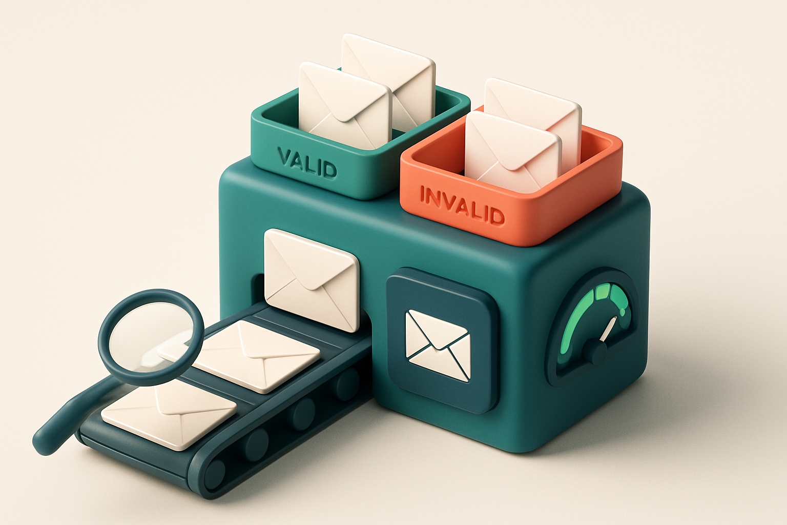 Hero: an isometric email inbox with envelopes being sorted onto a green 'valid' tray and a red 'invalid' tray, a conveyo