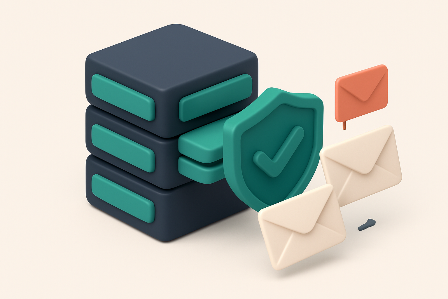 An isometric server rack with multiple labeled email plugins (Contact Form 7, WP Forms, Mailchimp) sending envelopes thr