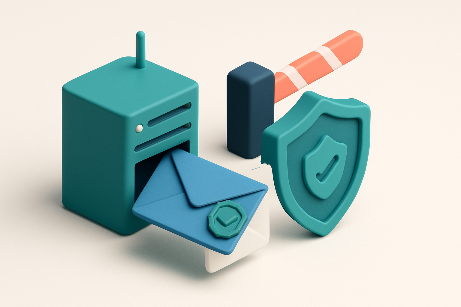 Hero: an isometric email server sending a blue envelope through a shield labeled 'DKIM Authentication,' with a green 'De