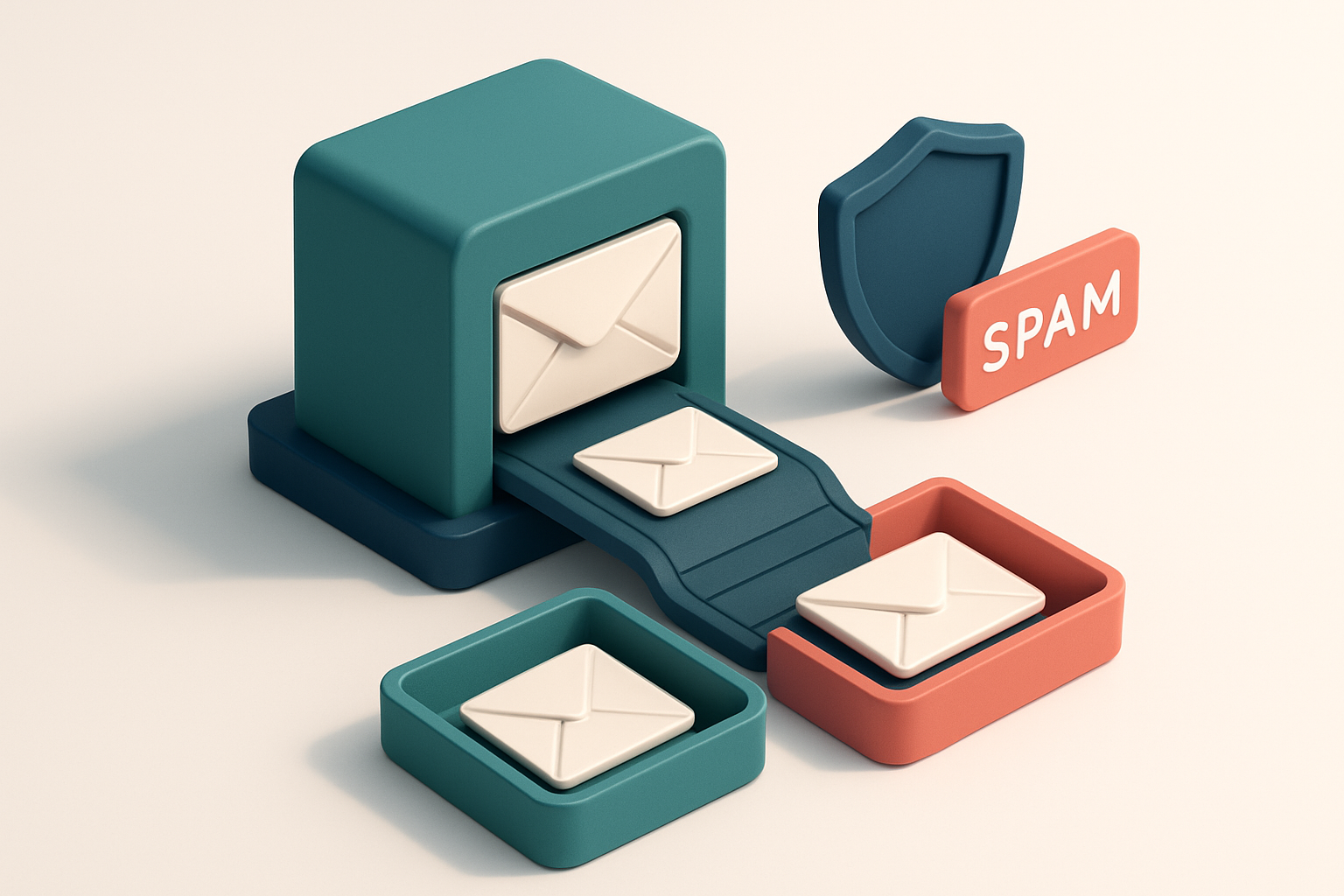 Hero: an isometric email server with a conveyor belt feeding envelopes into two labeled trays—one green with 'Valid' and