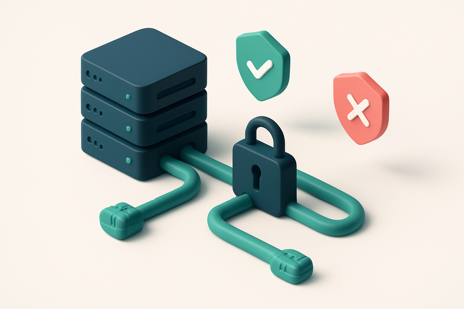 An isometric server rack with encrypted data streams flowing through secure tunnels, each labeled 'Email', passing under