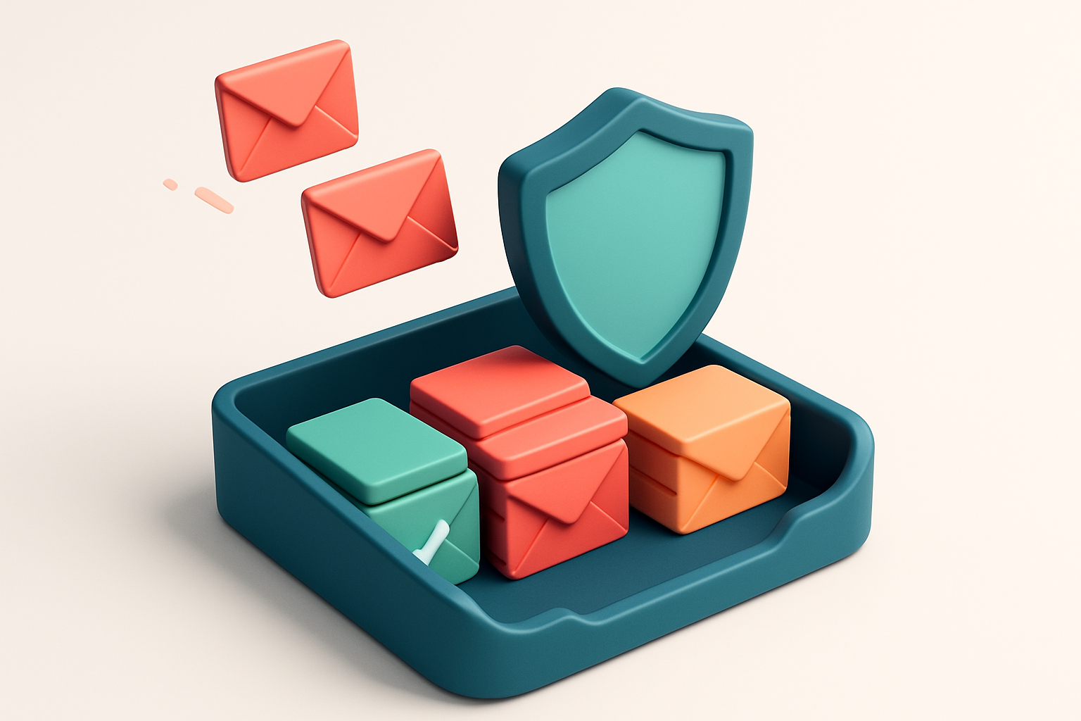 an isometric email inbox with envelopes sorted into three stacks: green 'valid', red 'invalid', and orange 'risky', a di