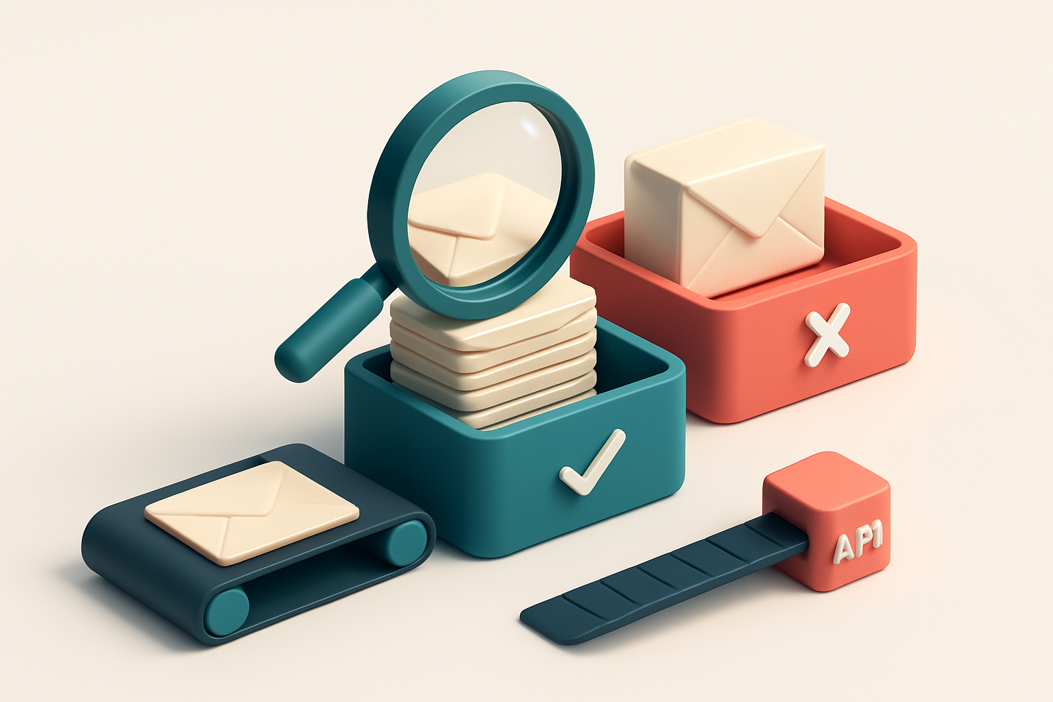 An isometric email inbox with envelopes being sorted onto a green 'valid' tray and a red 'invalid' tray, a magnifying gl