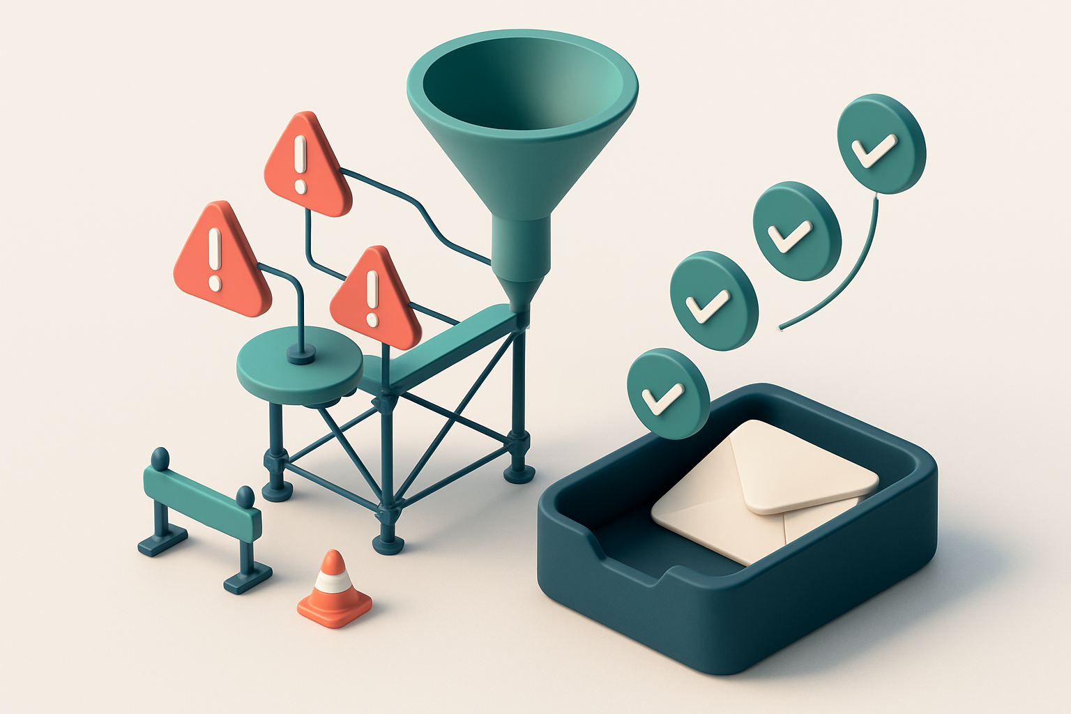 An isometric construction site dashboard showing a funnel labeled 'Proposal Emails' with red warning signs on incoming d