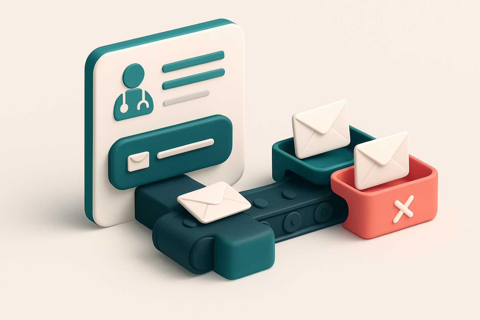A 3D isometric illustration of a telemedicine registration portal with patient forms, an email input field, and a convey