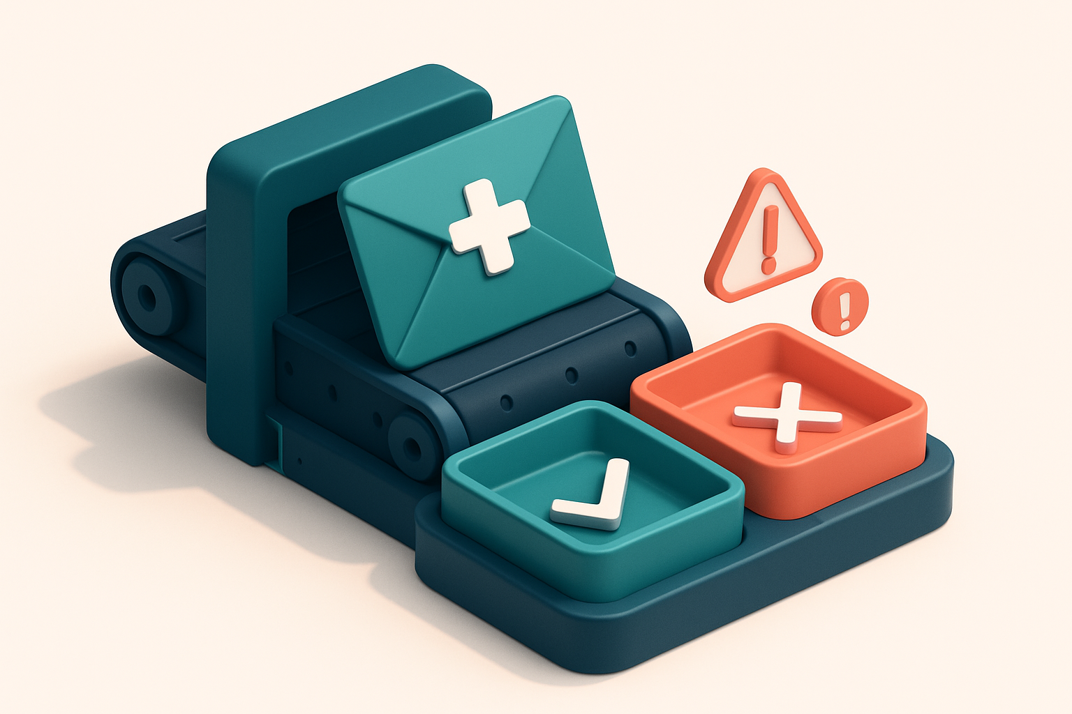 An isometric hospital email list being processed through a metal conveyor belt with a green 'valid' tray and a red 'inva