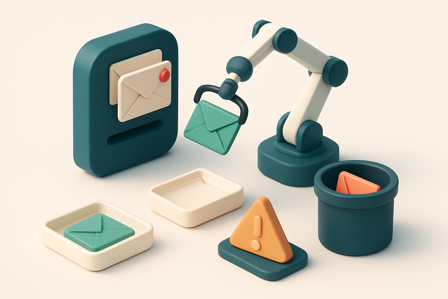 an isometric email inbox with envelopes being sorted by a robotic arm: green 'valid' envelopes go to a clean tray, red '