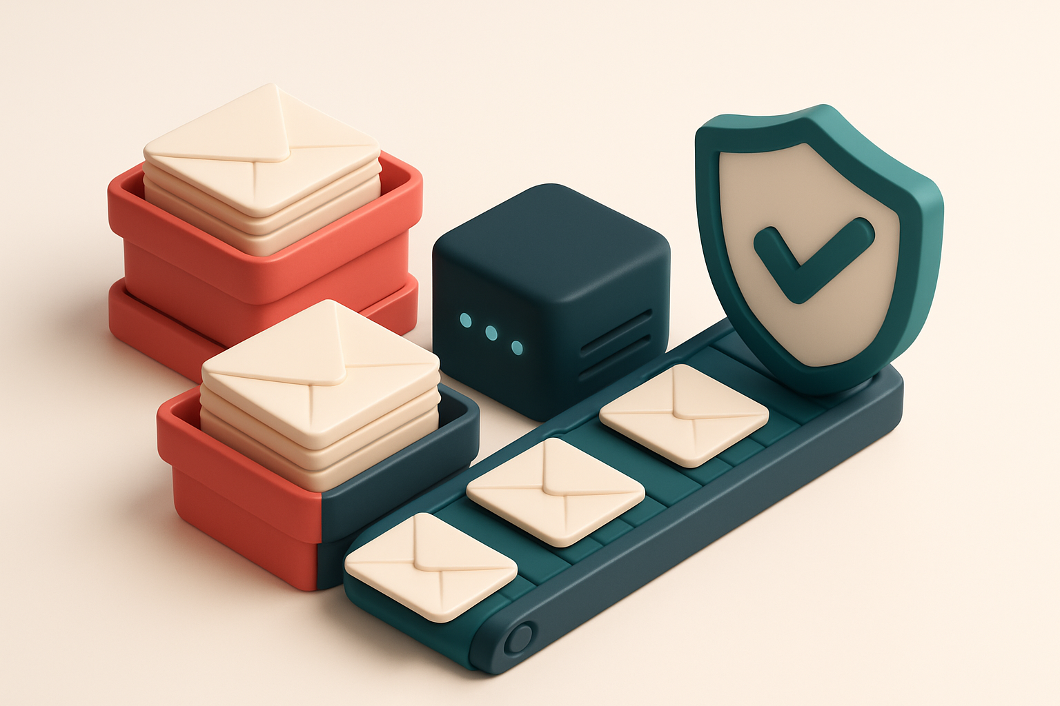 An isometric stack of envelopes labeled 'invalid' and 'risky' sorted into red trays, while validated emails on green tra