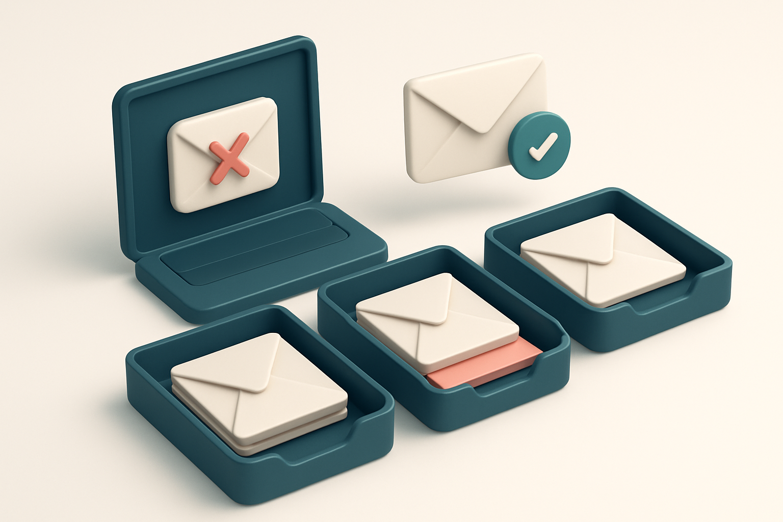 An isometric view of a digital email inbox with envelopes labeled 'Valid', 'Invalid', 'Catch-All', and 'Risky' being sor