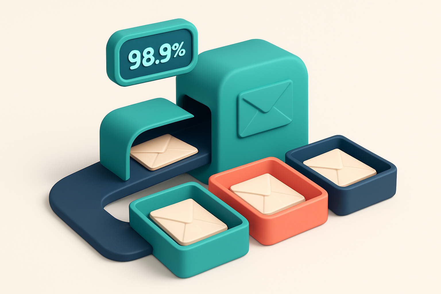 Hero: an isometric inbox with an automated conveyor belt feeding envelopes into three trays labeled 'valid', 'risky', an