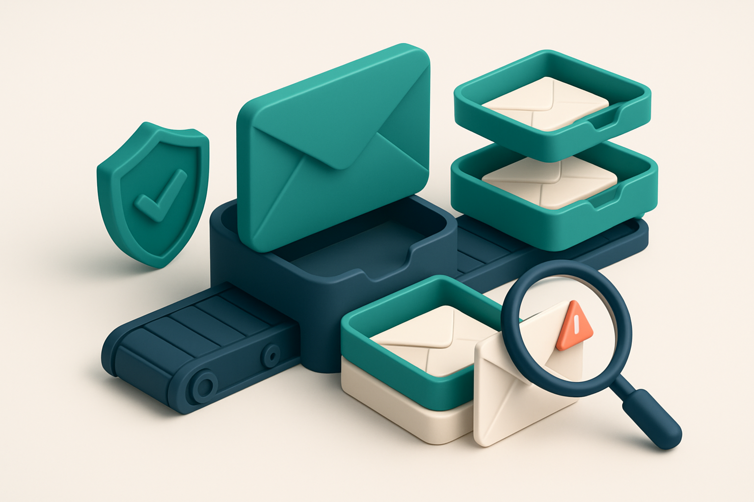 Hero: an isometric office scene with a central email inbox containing envelopes labeled 'Valid', 'Invalid', 'Catch-all',