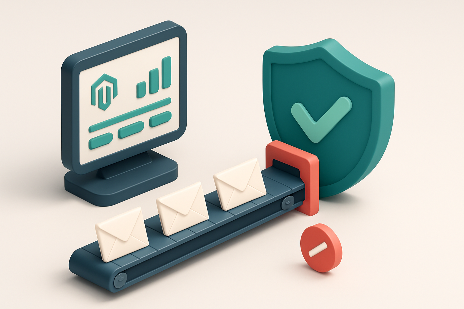 Hero: an isometric Magento store dashboard with a conveyor belt feeding email envelopes into a security shield. Valid en
