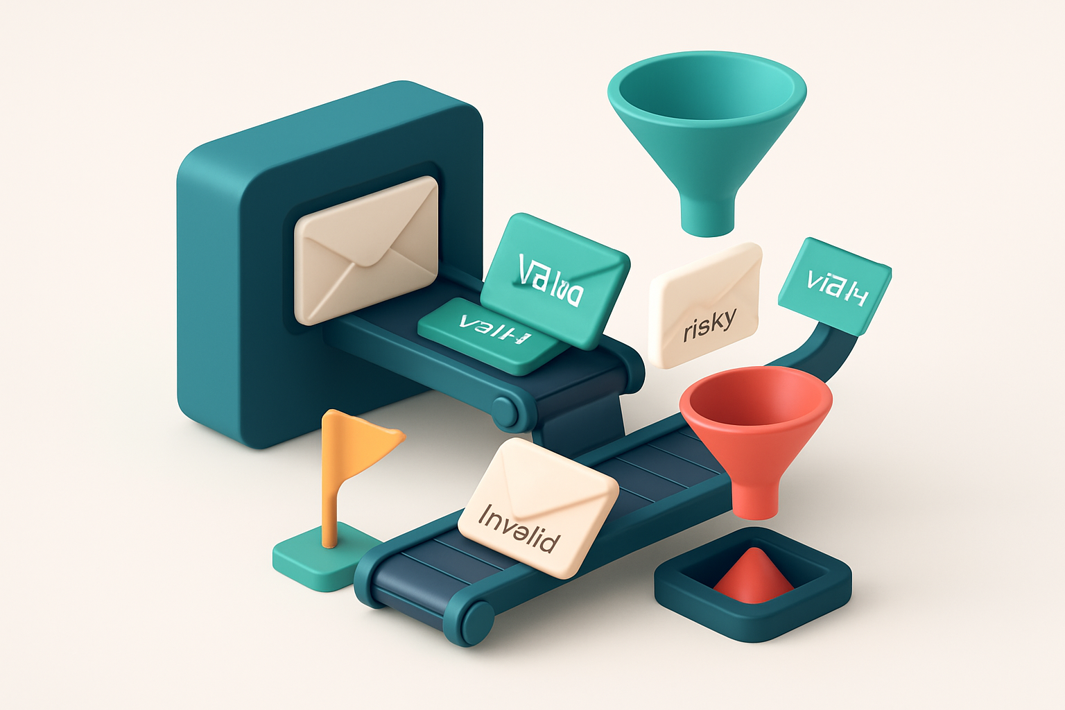 an isometric email inbox with envelopes labeled 'valid', 'risky', and 'invalid' being directed onto separate conveyor be