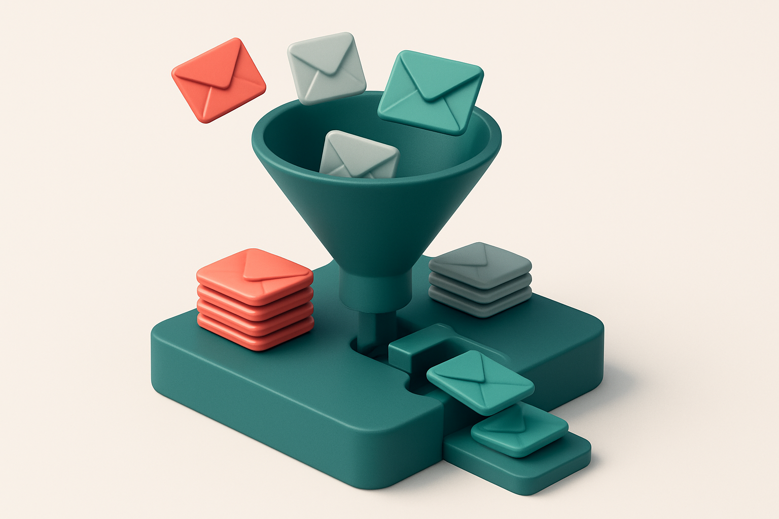 Hero: an isometric view of a digital funnel with a stack of red 'invalid' envelopes, gray 'catch-all' envelopes, and gre