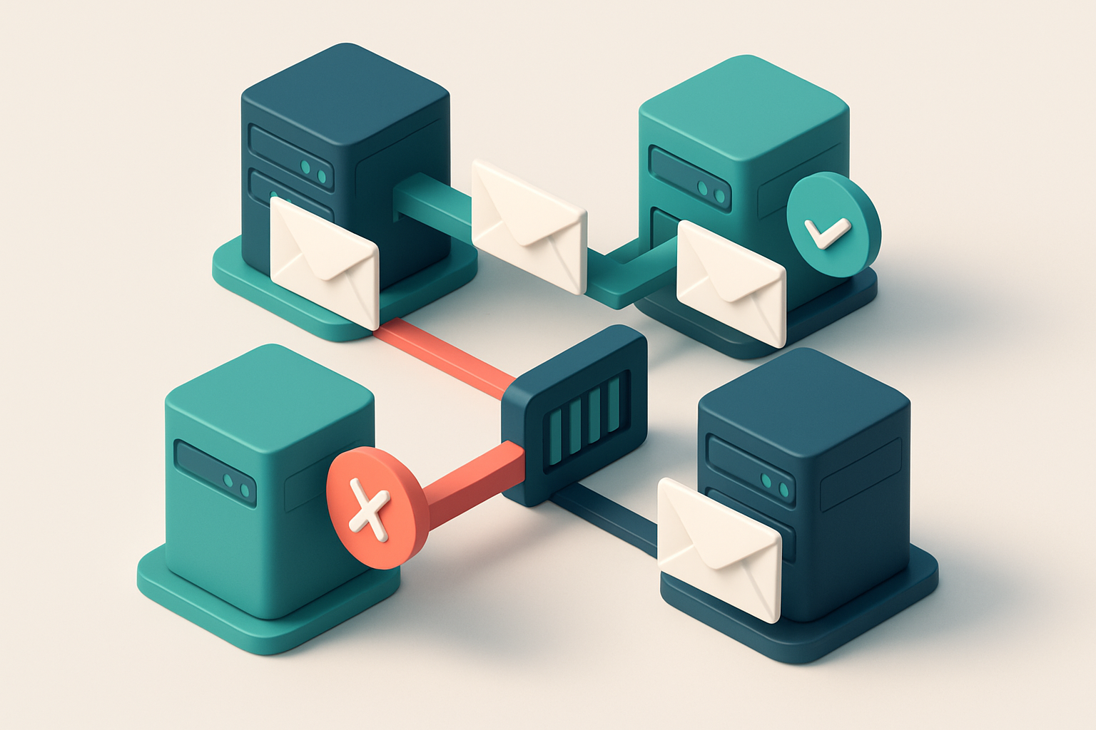 An isometric network of interconnected servers labeled with domain names, each with a live email envelope passing throug
