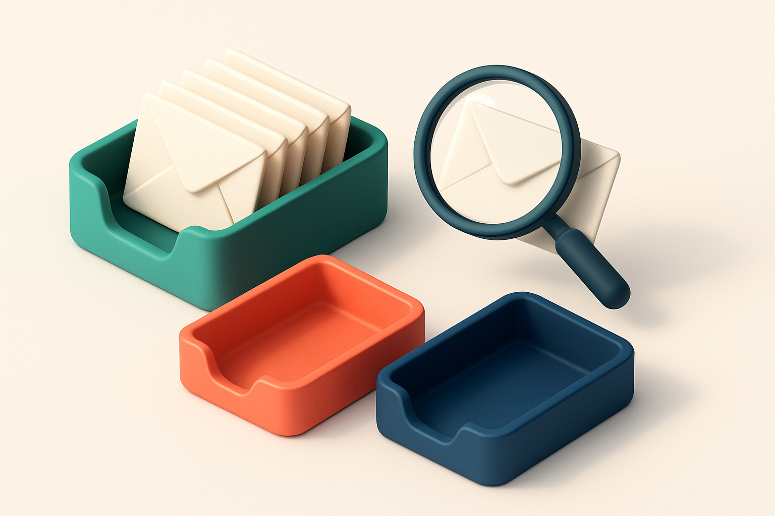 An isometric view of a green inbox with envelopes stacked neatly; a red 'invalid' tray and a blue 'catch-all' tray sit b