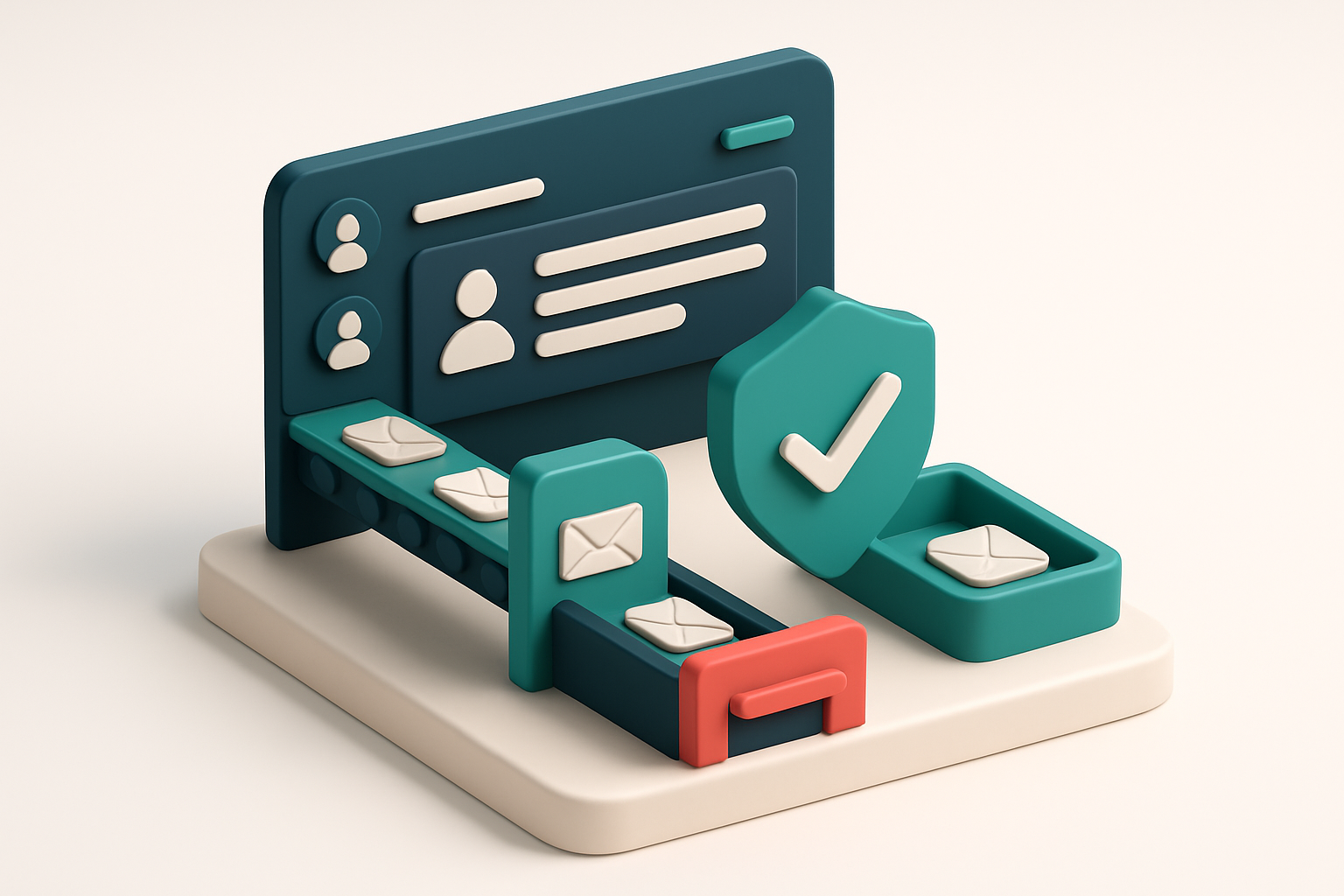 Hero: an isometric HR dashboard with a green conveyor belt feeding candidate email addresses into a shield-shaped verifi