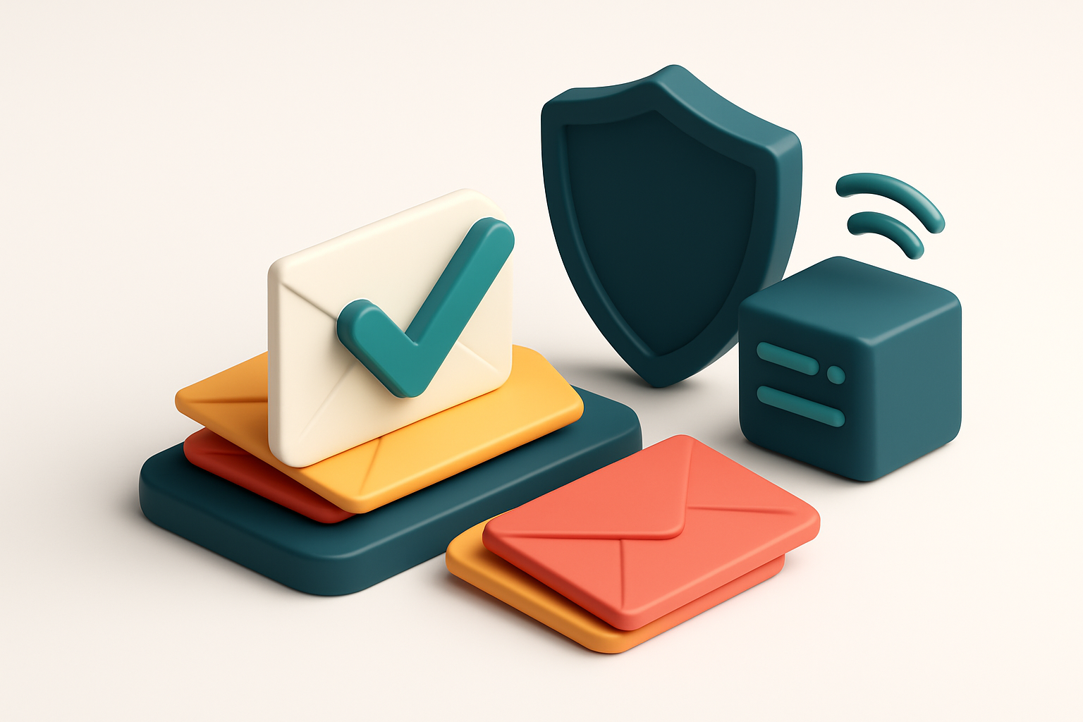 An isometric dashboard showing a green checkmark over a stack of envelopes labeled 'Valid', with red 'Invalid' and yello