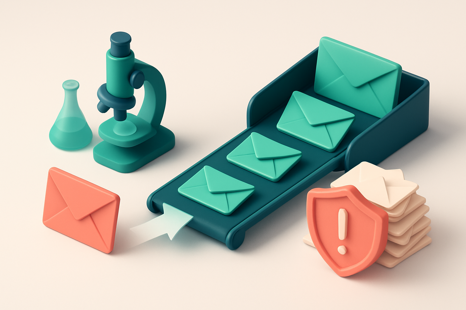 An isometric illustration of a medical research lab setup showing an email inbox with red 'invalid' envelopes being reje