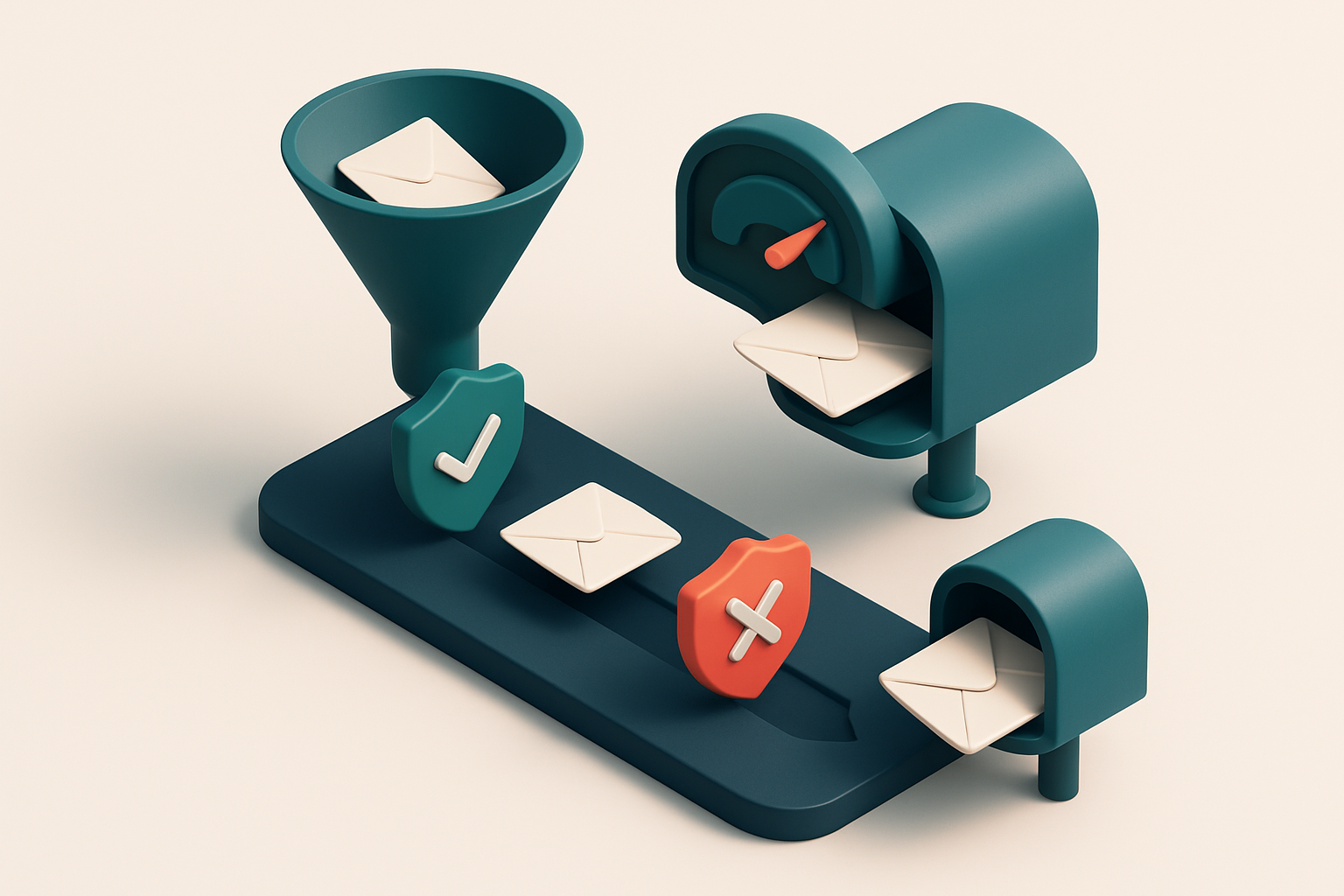 Hero: an isometric email delivery funnel with green shields labeled 'Valid' guiding envelopes through a secure path into