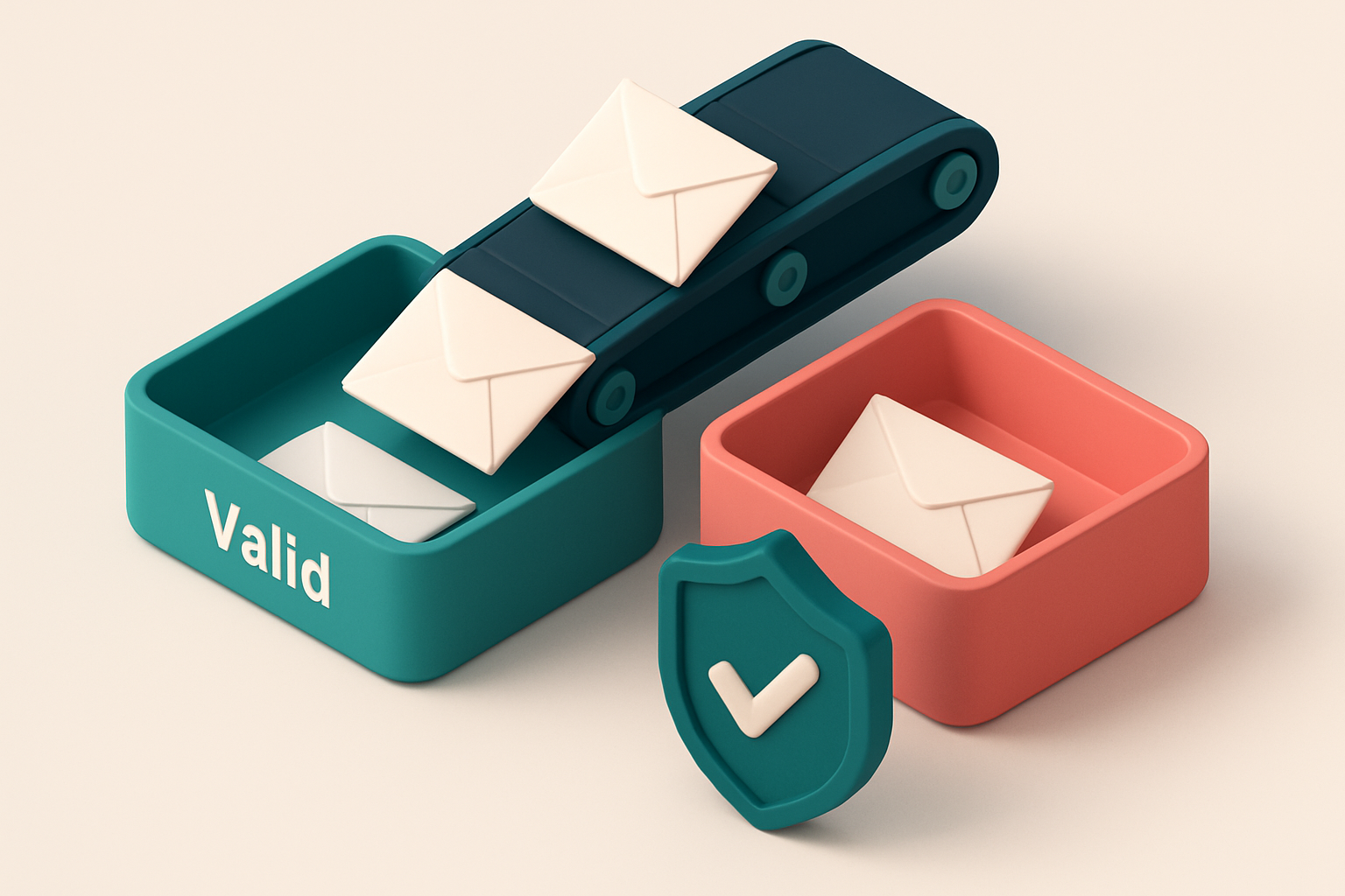 An isometric illustration of a logistics hub with a conveyor belt feeding envelopes into two labeled trays: one green ma