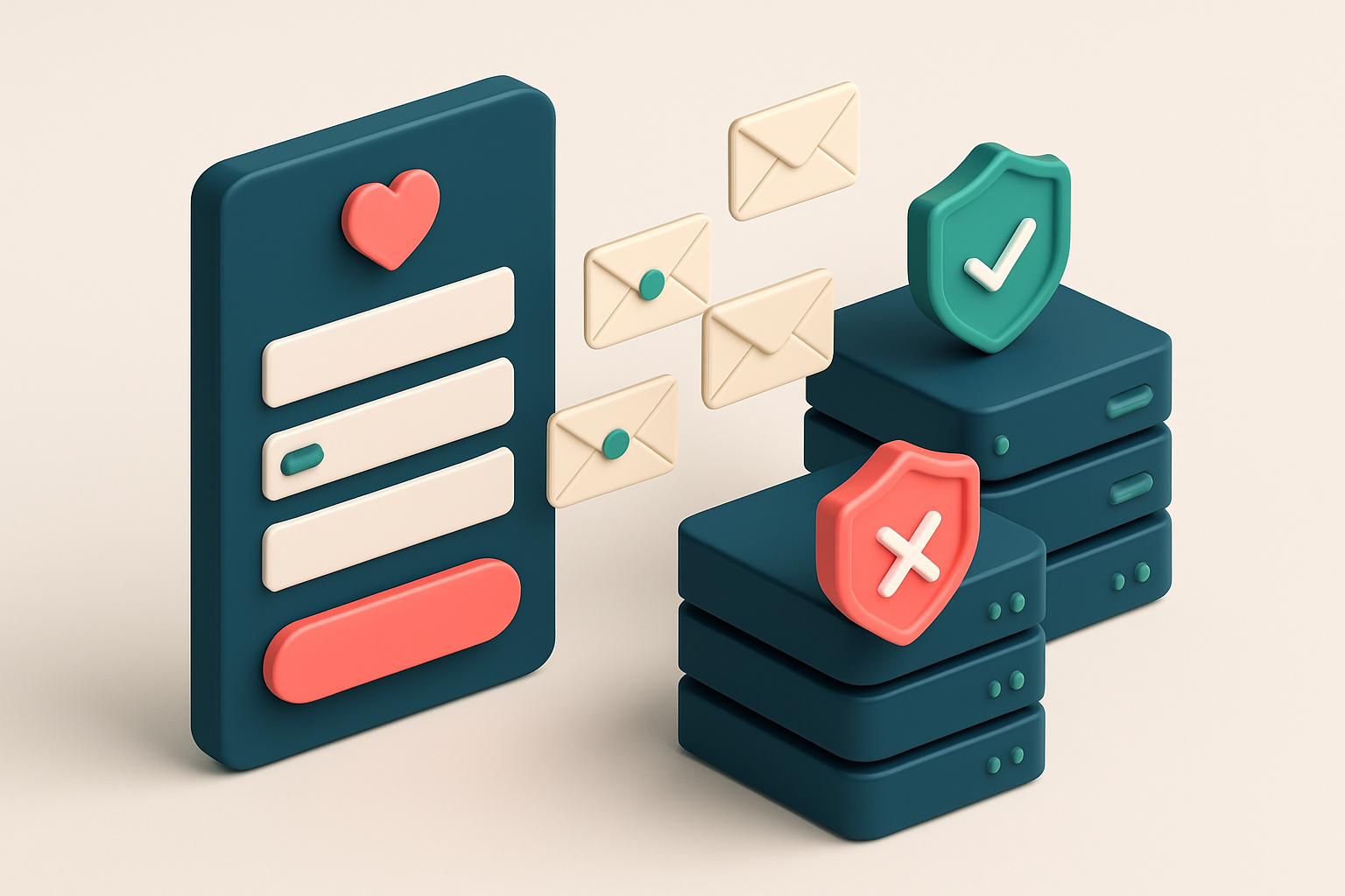 An isometric view of a digital dating app interface with a signup form, where emails flow into a network of servers, eac