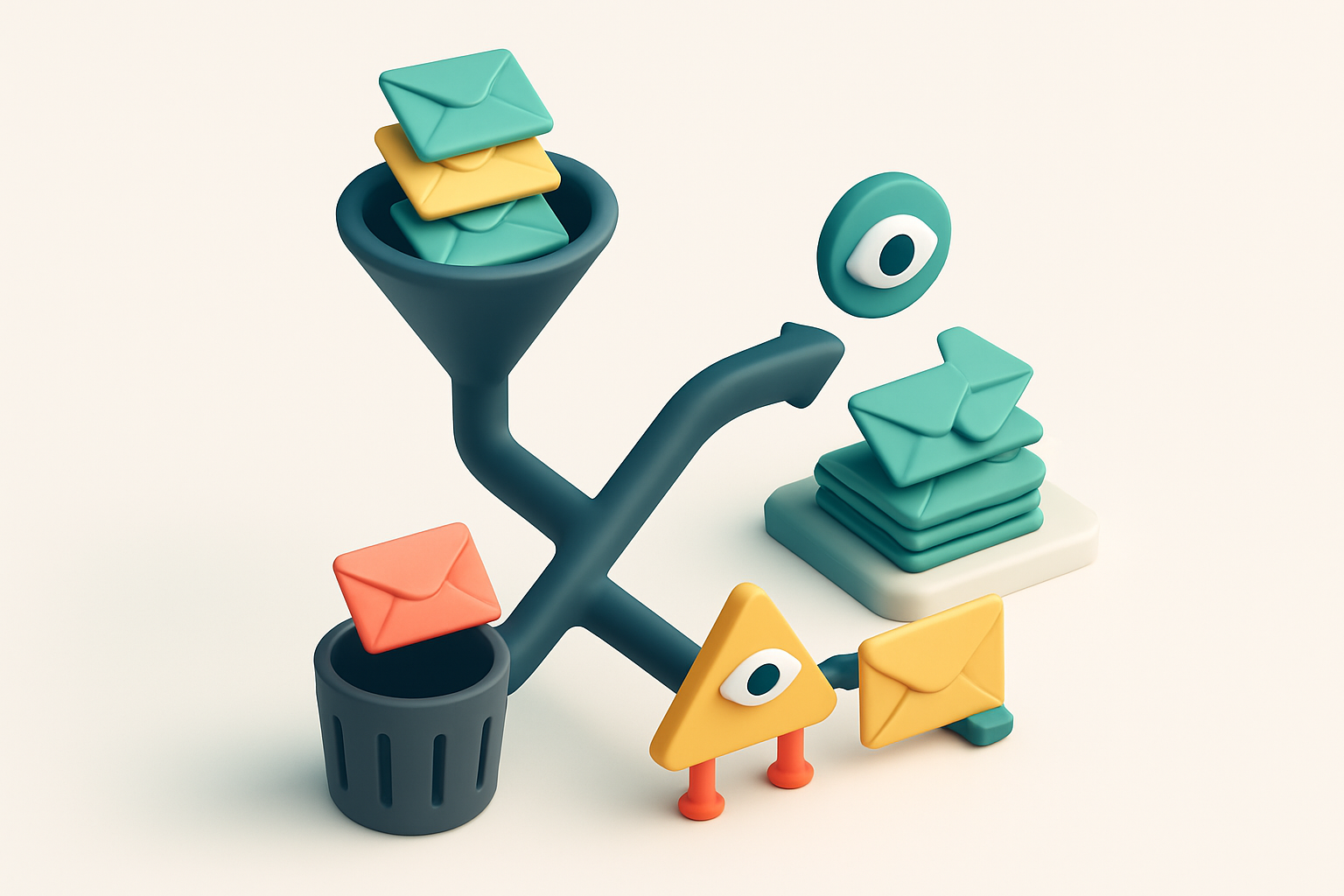 An isometric view of a high-speed email funnel: a flow of colorful envelopes enters from the top, splits at a fork—green