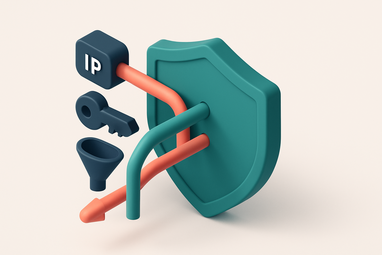 Hero: a 3D isometric view of a shield labeled 'DMARC' with three streams entering: one from an IP box labeled 'SPF', one