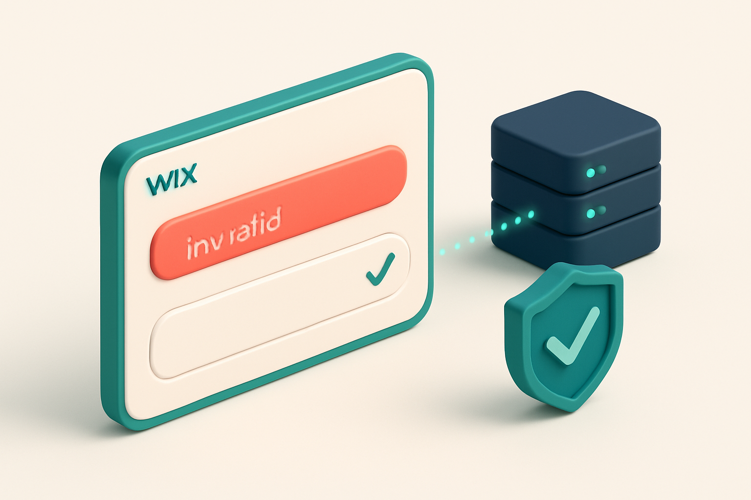 An isometric illustration of a Wix form interface with a glowing red 'invalid' label on a user-entered email, while a gr