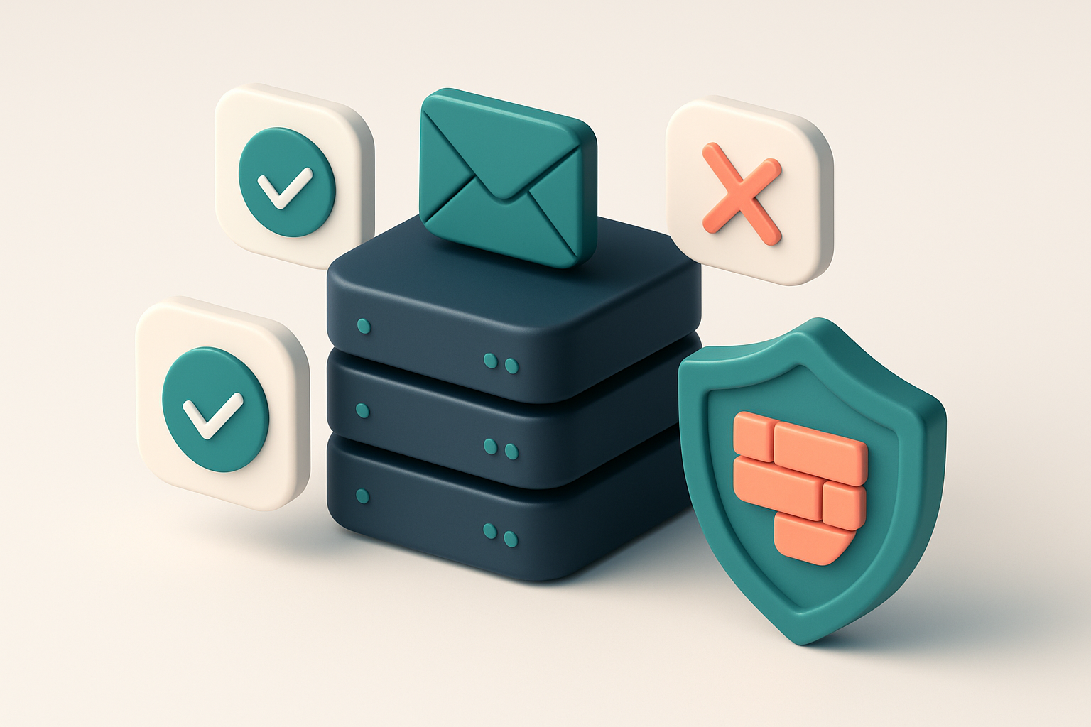 an isometric email server stack with green checkmarks on valid addresses, red Xs on invalid ones, and a firewall shield