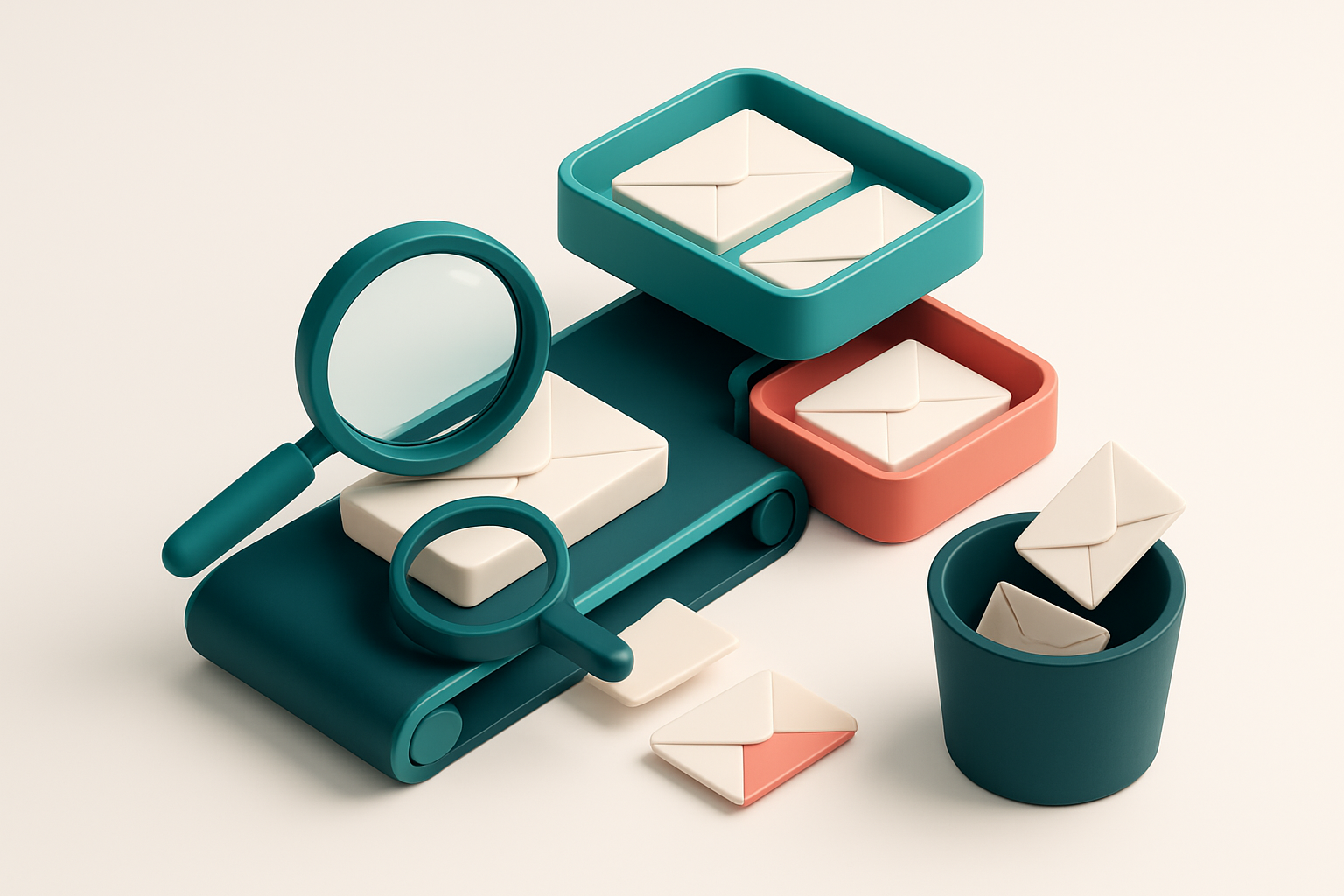 An isometric email inbox with envelopes being sorted onto a green 'valid' tray and a red 'invalid' tray, a magnifying gl